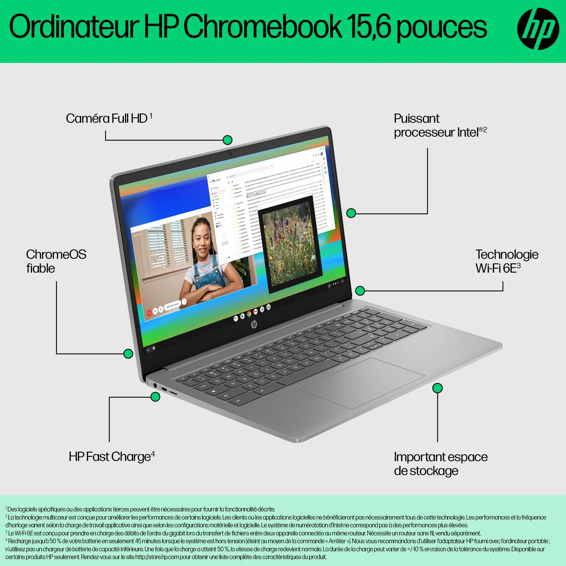 HP Chromebook 15a-nb0000sf Ordinateur Portable Intel Core i3 N305 8 Go RAM 256 Go UFS Écran 15.6" FHD IPS Antireflet Clavier AZERTY Argent