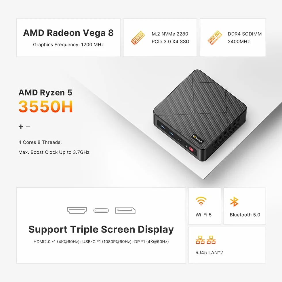 BOSGAME Mini PC E4, Windows 11 Pro, Ryzen 5 3550H, 16 Go DDR4, 512 Go SSD, Triple Affichage 4K, Double Ethernet