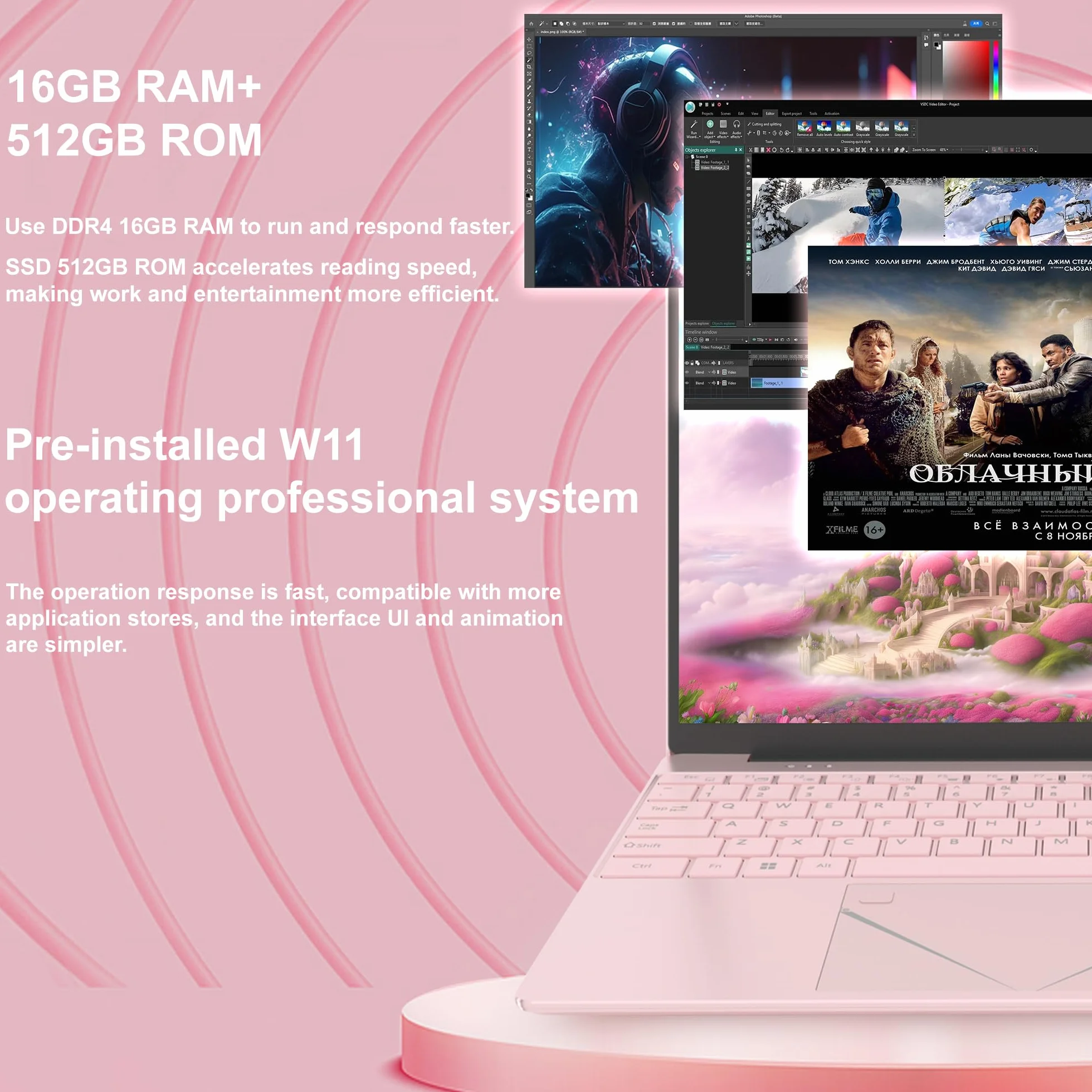 Ordinateur Portable 15,6 Pouces Rose, FHD 1920x1080, Processeur N95 3,4 GHz, 16 Go DDR4 RAM, 512 Go SSD, Léger pour Étudiants