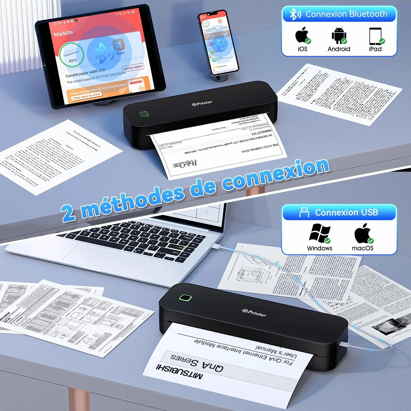Pristar D210 Imprimante Thermique A4 Portable sans Encre pour Voyages Bureau Maison Noir