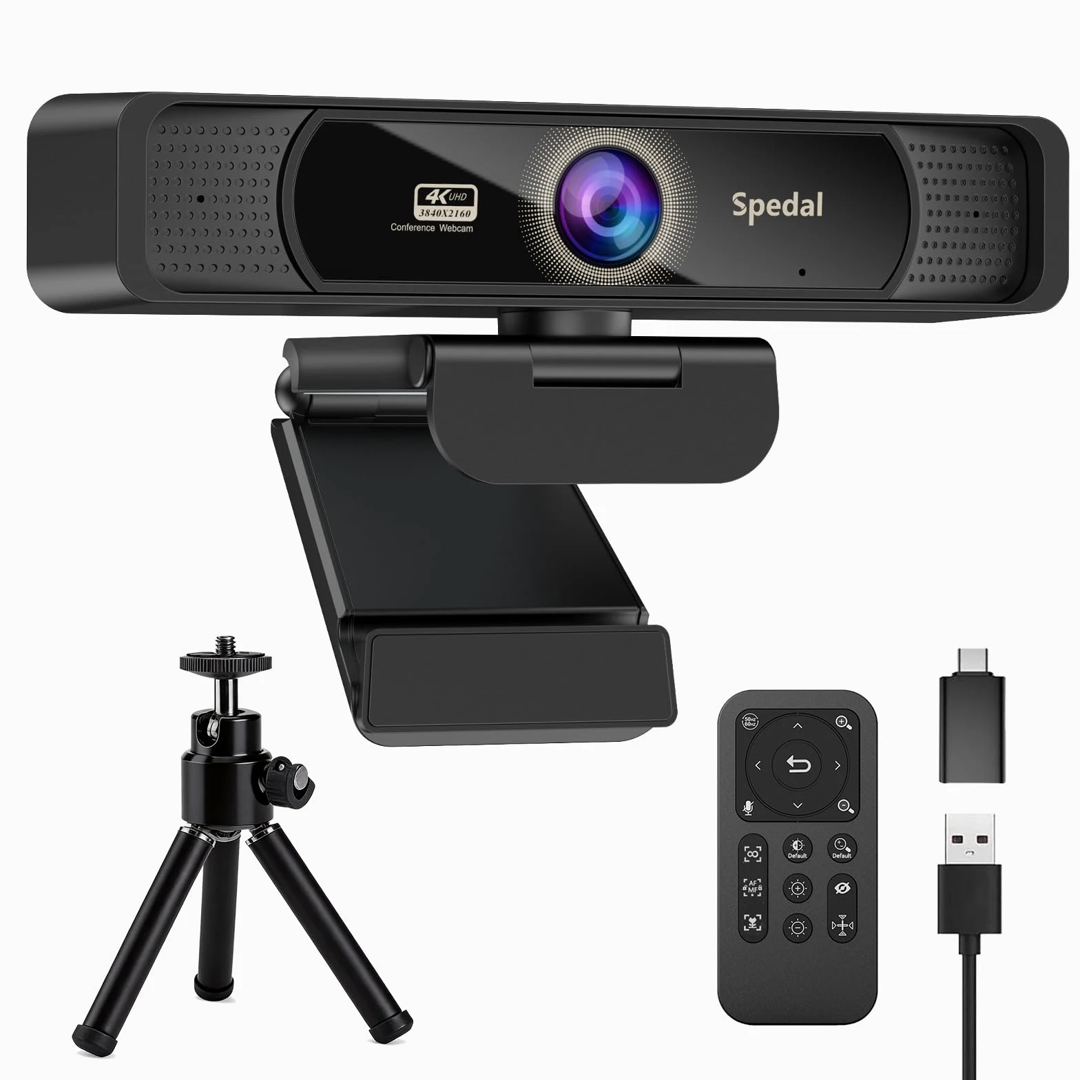 Spedal Webcam 4K Ultra HD 8 MP avec Zoom numérique 4× Grand Angle 120° Microphones à réduction de Bruit télécommande trépied Plug & Play USB-A/C pour Streaming