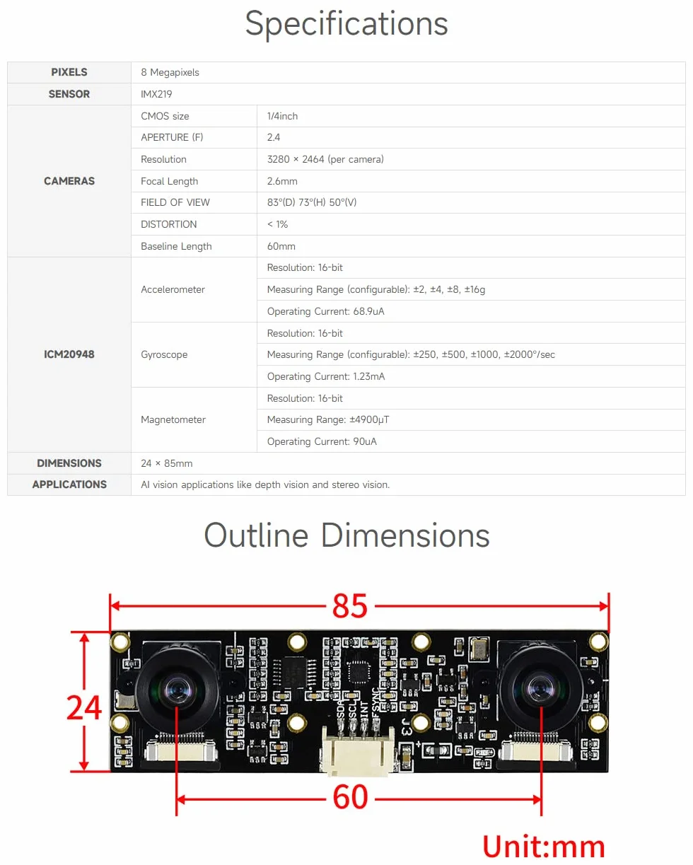 Waveshare IMX219-83 Stereo Camera 8MP Binocular Module Depth Vision for Jetson Nano B01 Raspberry Pi 5/4/CM4