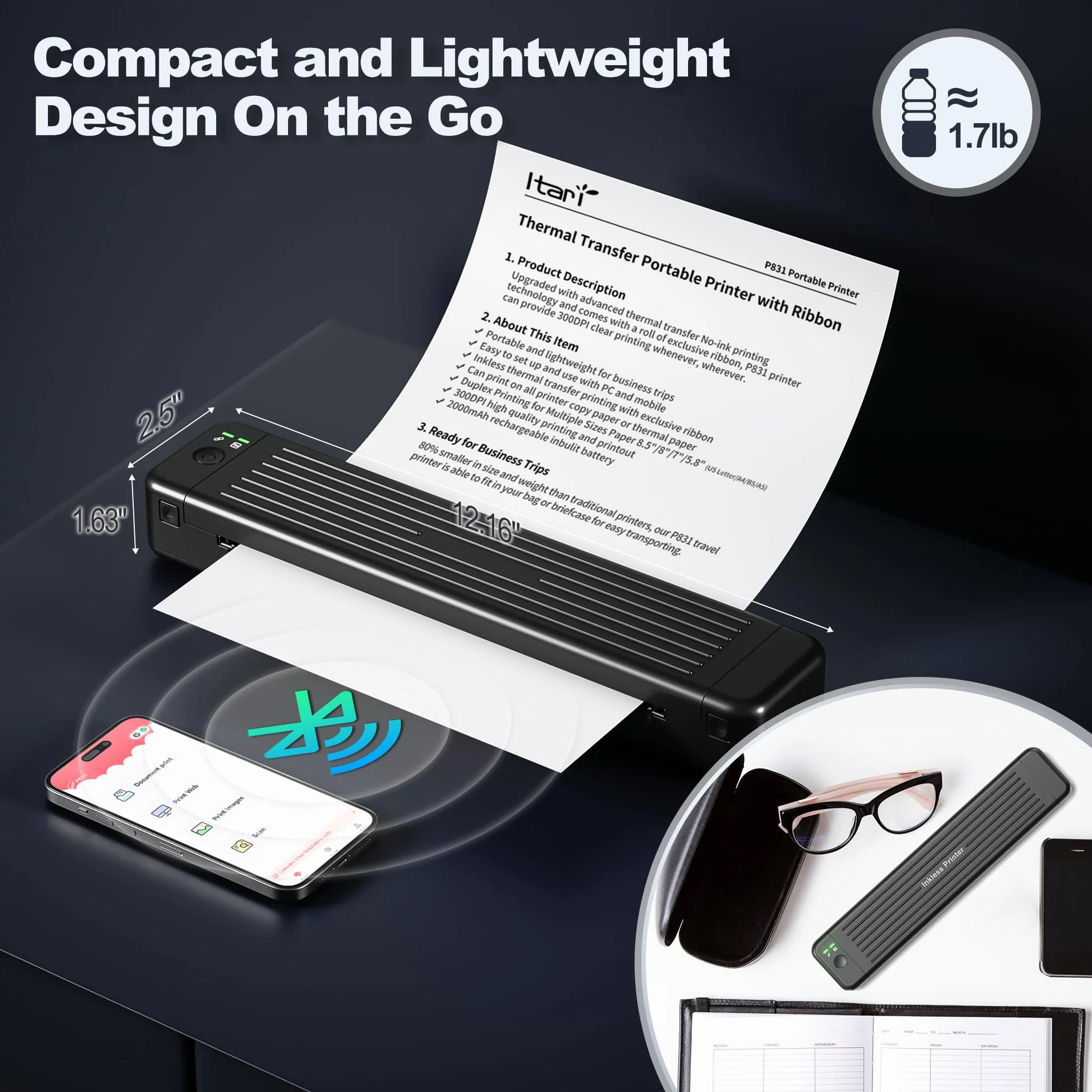Itari Imprimante Portable P831 Thermique Compatible Android iOS Voyages Bureau