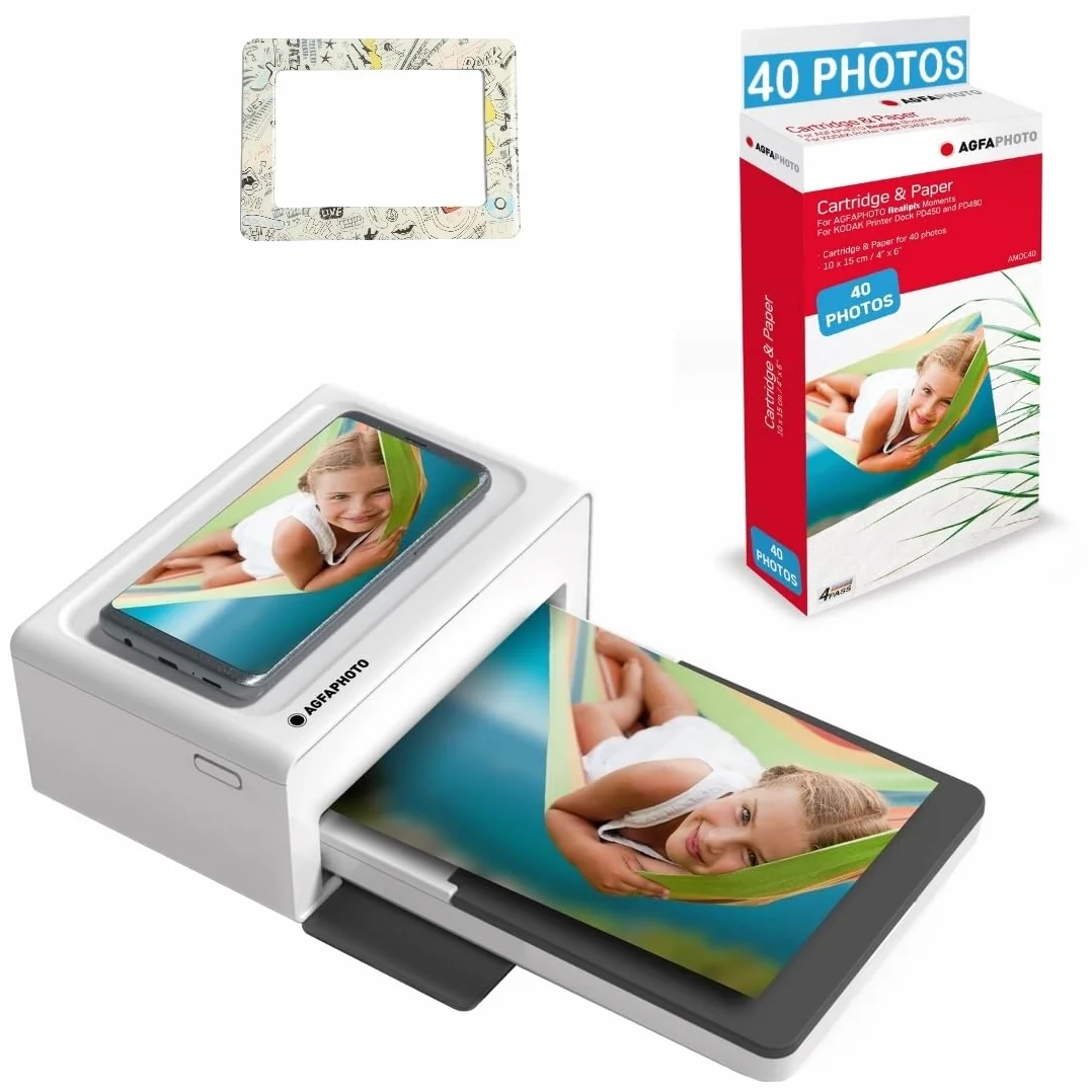 AgfaPhoto Realipix Moments Imprimante Photo Bluetooth 10x15 cm 4Pass Sublimation Thermique Blanc + Cartouches Papier 40 Photos + Cadre magnétique
