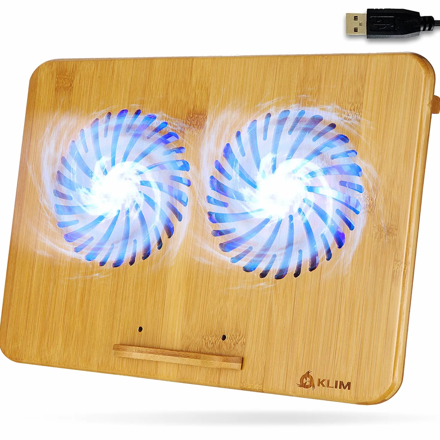 KLIM Bamboo Refroidisseur PC Portable Vitesse réglable Support ventilé Structure en Bambou Ordinateur 10-15,6 Pouces Port USB