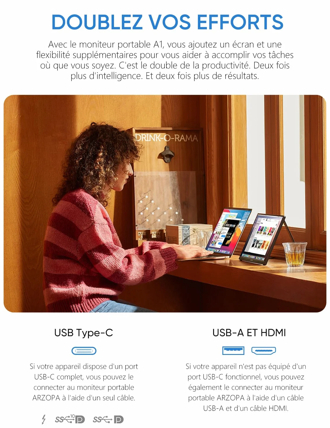 ARZOPA Moniteur Portable 15,6" FHD IPS Écran Ultra Fin USB-C HDMI A1