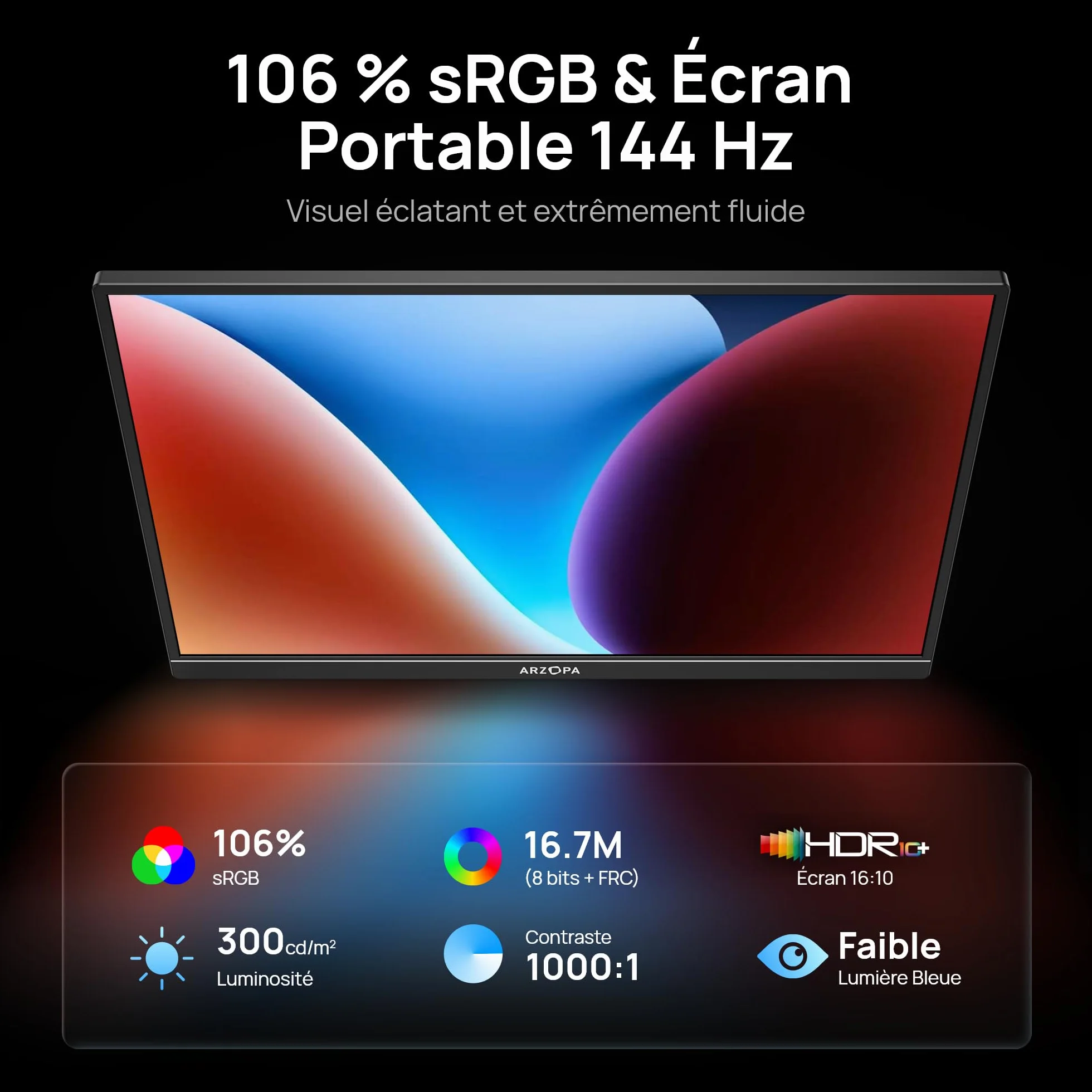 ARZOPA Écran Portable 16,1" 144 Hz 106% sRGB 1920×1080P FHD HDR Ultra Fin