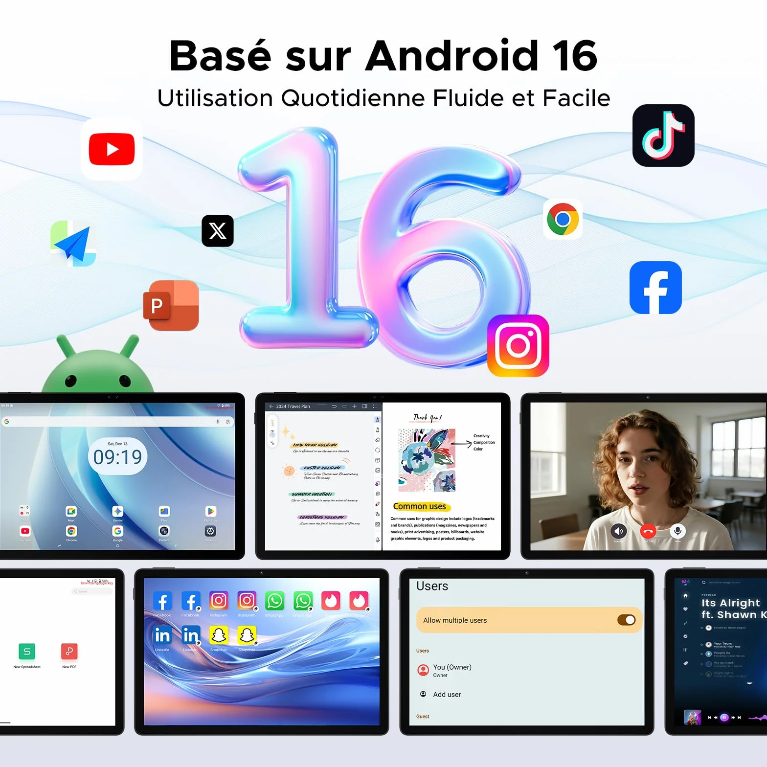 Tablette 11 Pouces Gemini AI Android 16, 48Go RAM 128Go ROM 2To TF, 120Hz T7250 Octa-Core, 8800mAh, 13MP+5MP, Widevine L1, Face ID, GPS, FM, avec Clavier et Stylet