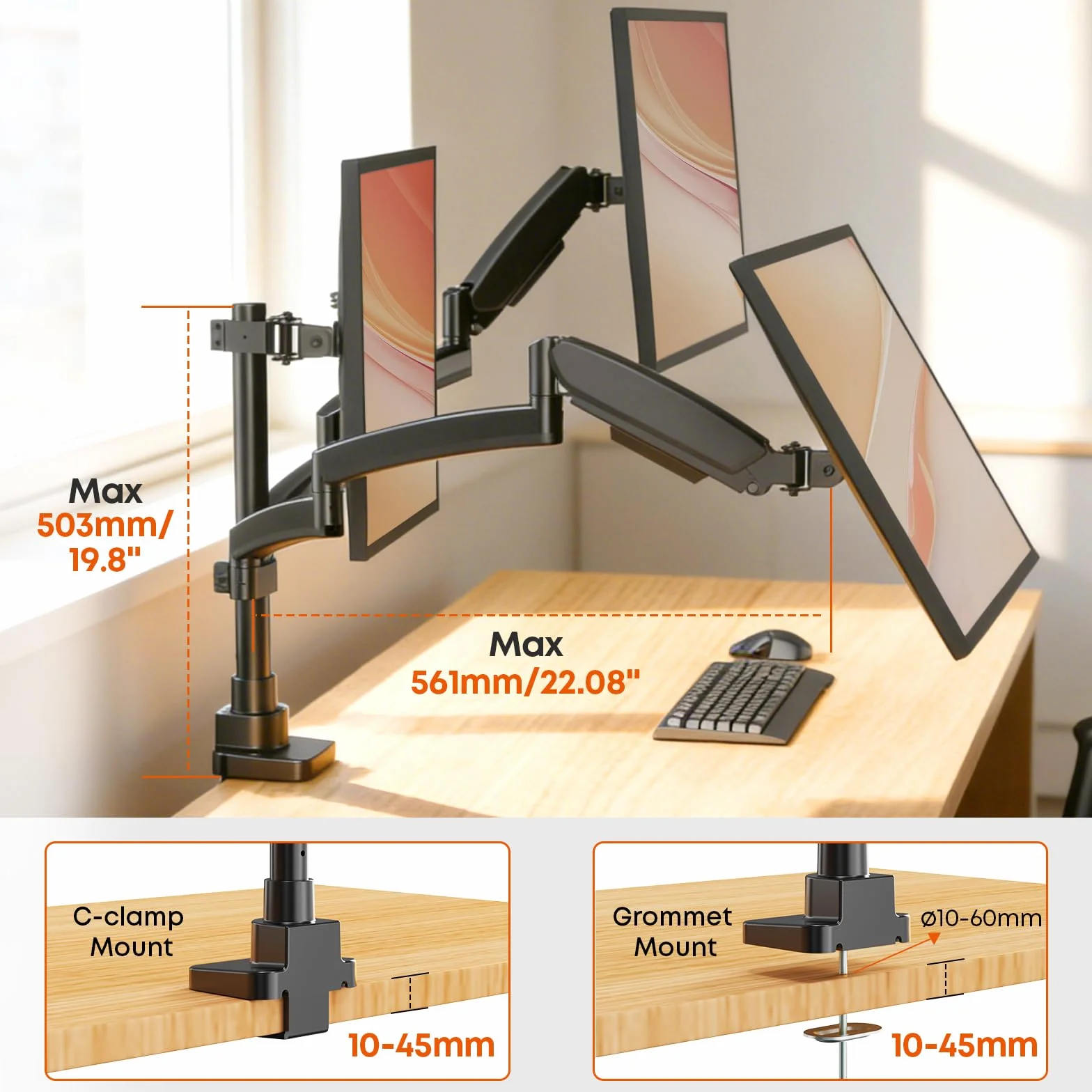 PUTORSEN Support pour 3 écrans 17-32 Pouces, Charge 10 kg par Bras, VESA 75/100 mm