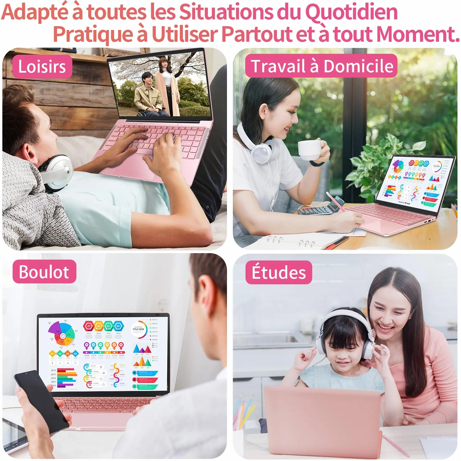 Ordinateur Portable 14 Pouces Celeron J4105 Win11 Pro 8 Go DDR4 IPS 1920x1080 AZERTY Or Rose 8GB+256G SSD