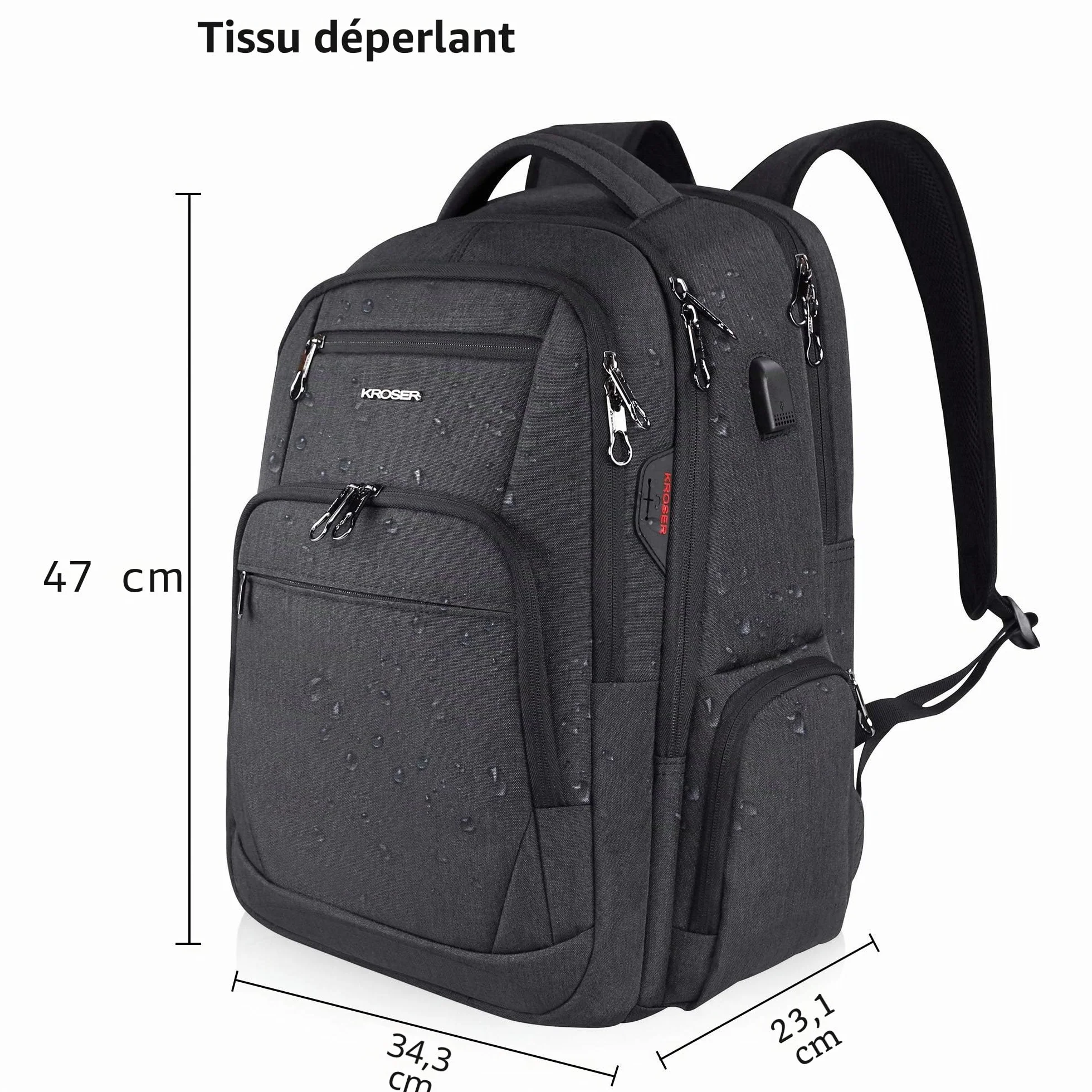 KROSER Sac à dos ordinateur portable 17,3" imperméable USB RFID