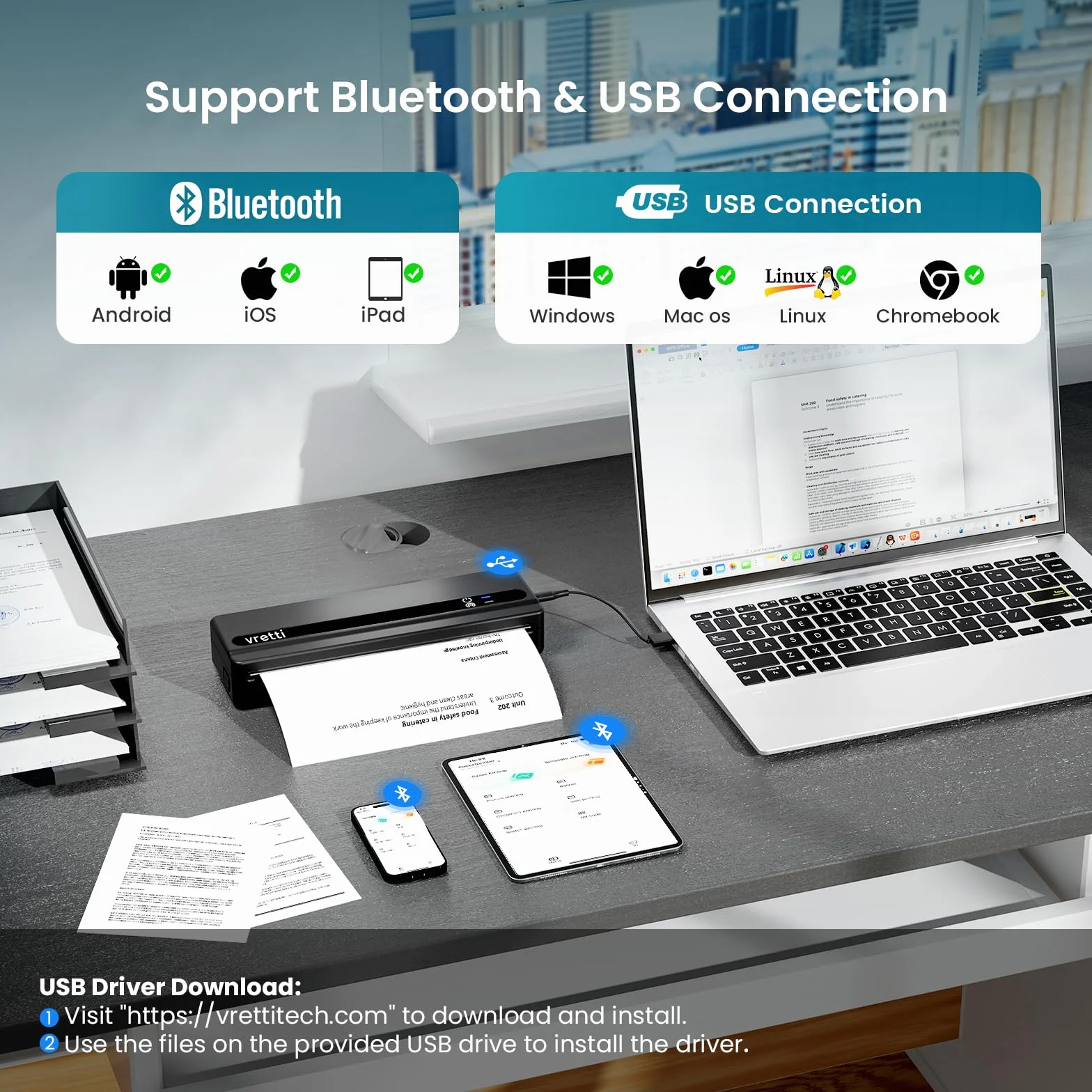 vretti Imprimante Thermique A4 PB821 Bluetooth Portable sans Encre Compatible Android iOS