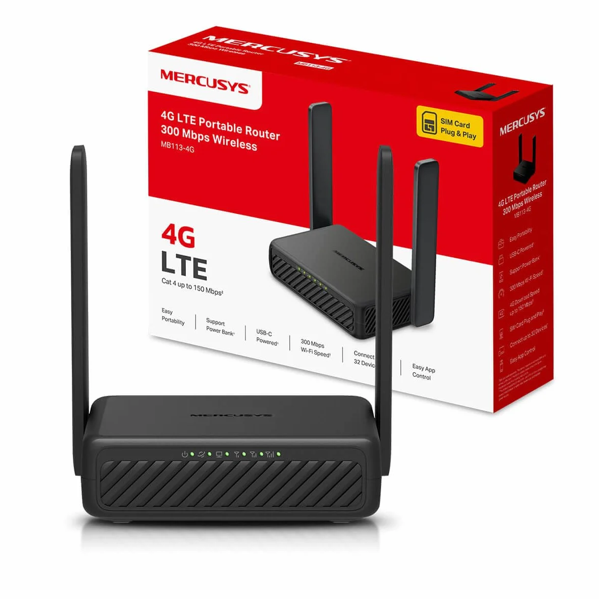 Mercusys MB113-4G Routeur 4G LTE WiFi 300 Mbps 2.4 GHz Carte SIM Nano 2 Antennes USB C