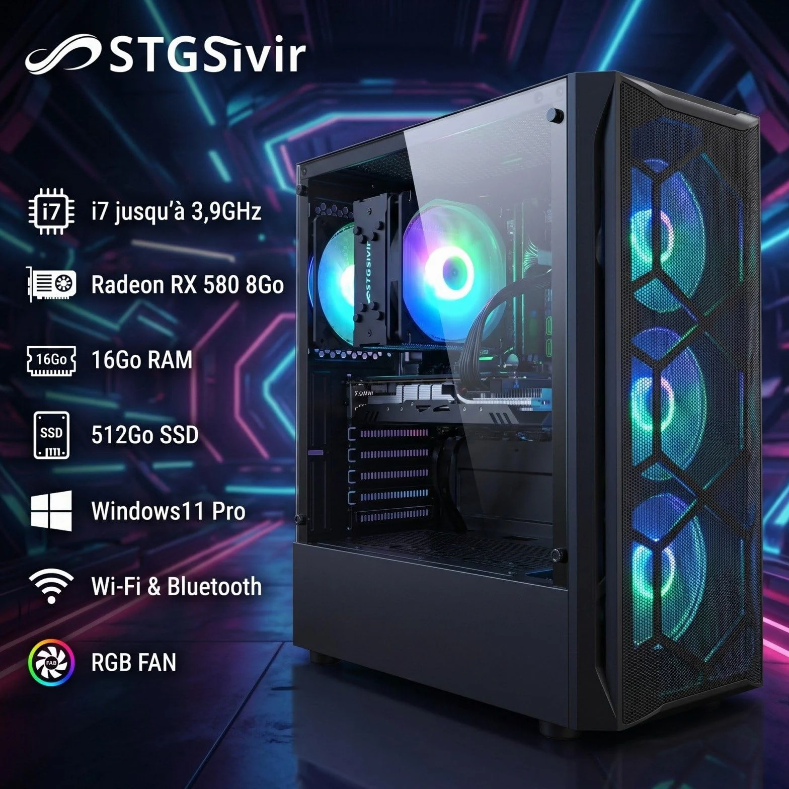 PC Gamer Fixe Radeon RX 580 8Go i7 3,9GHz 16Go RAM 512Go SSD 600M WiFi BT 5,0 Ventilateur RGB x4 Windows11