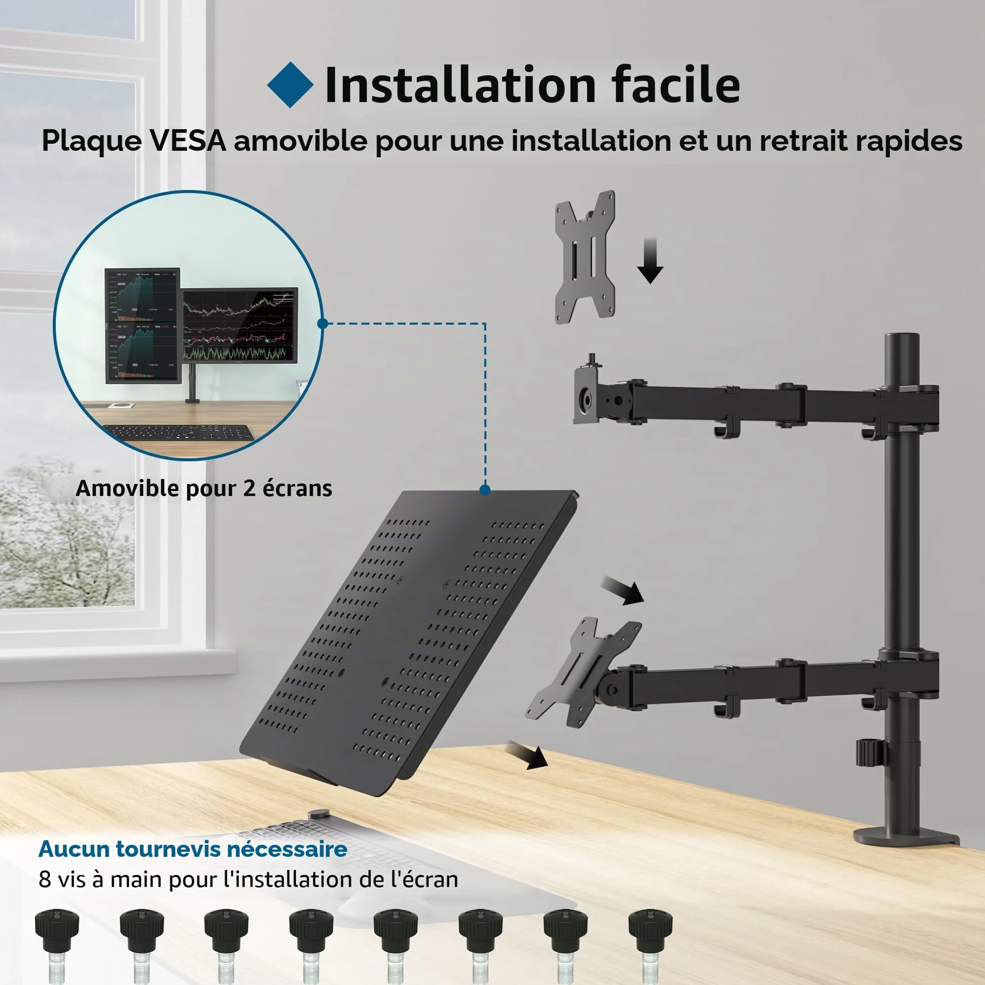 BONTEC Support Ecran PC Moniteur avec Plateau pour Ecran LCD 13-27 Pouces et Ordinateur Portable 17", Ergonomique Pivotant Rotation