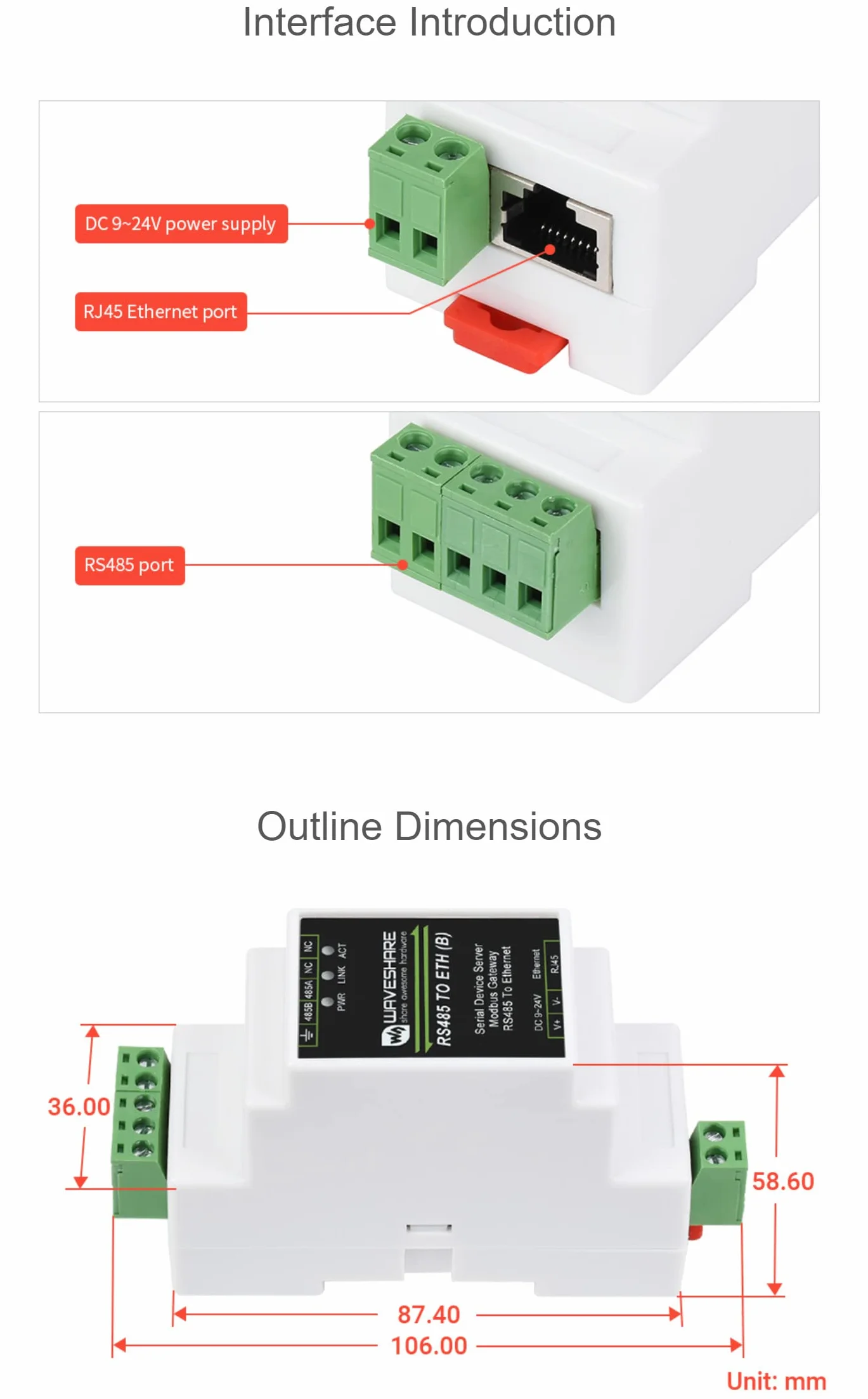 Industrial Serial Server TCP/IP RS485 RJ45 Ethernet Rail-Mount Modbus MQTT Gateway