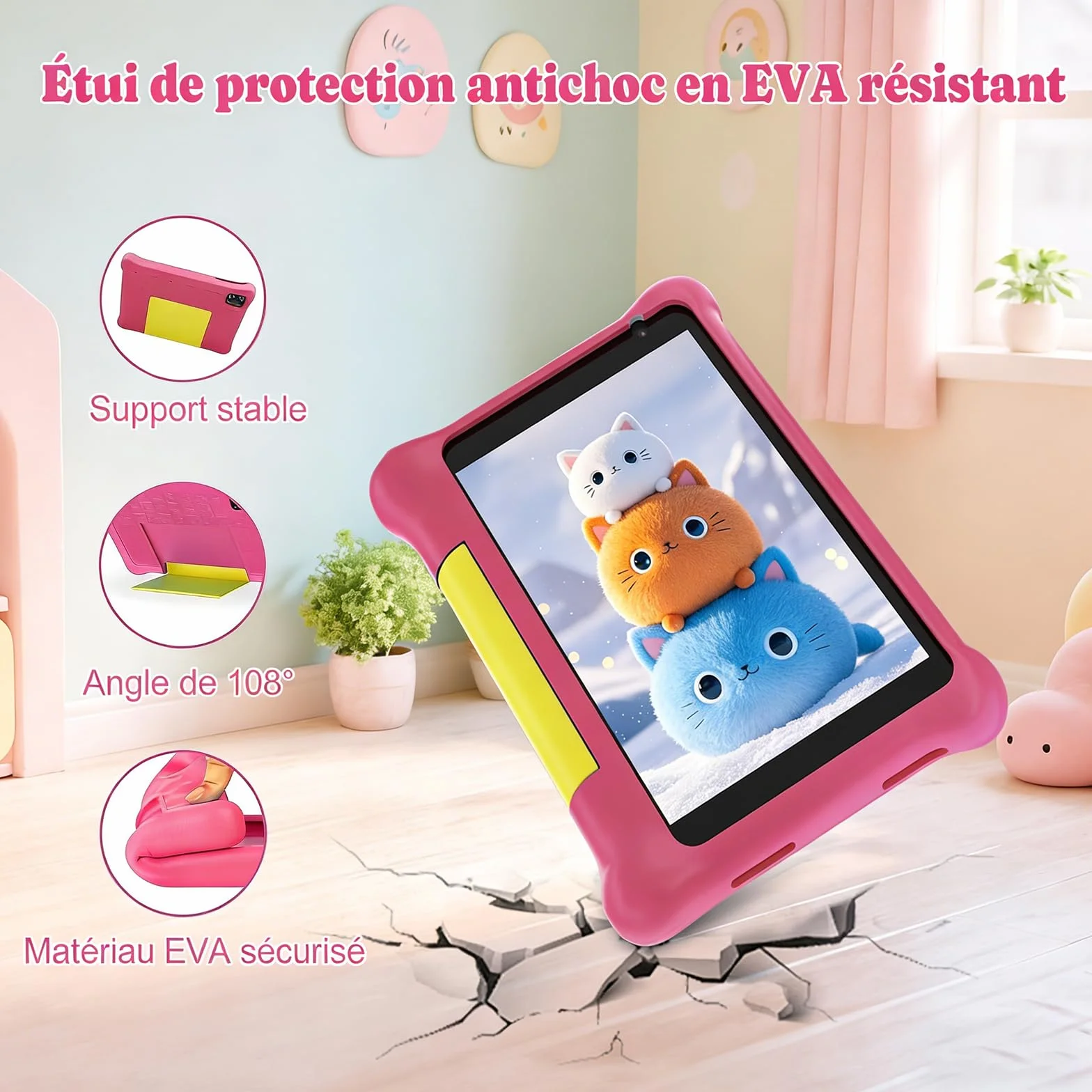 Tablette Enfants 7 Pouces Android 5GB RAM 32GB ROM Contrôle Parental IPS HD Bluetooth WiFi Quad Core Double Caméra avec Étui (Rose)