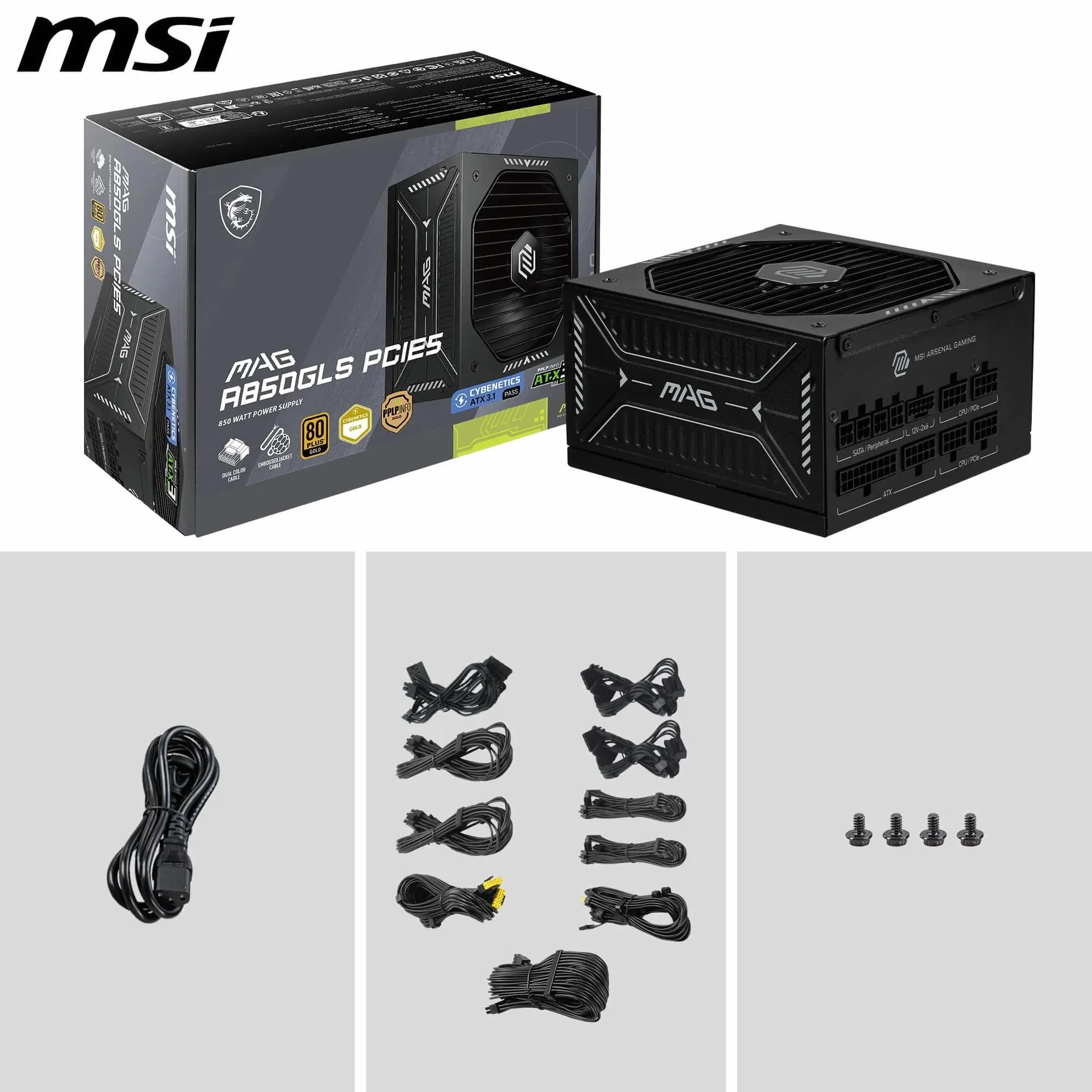 MSI MAG A850GLS PCIE5 Alimentation PC 850W ATX 80 Plus Gold ATX 3.1 Compatible PCIe 5.1 Câbles gaufrés Connecteur natif 12V-2x6 Bicolore