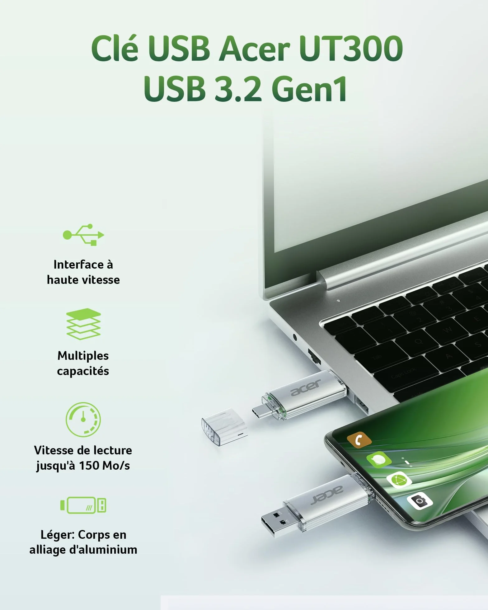 Acer Clé USB UT300 256 Go USB 3.2 Gen1 150 Mo/s Double Port Type-A & Type-C