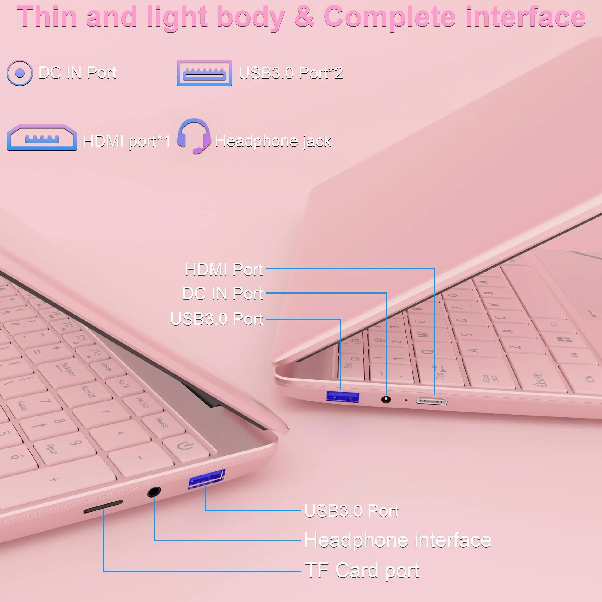 Ordinateur Portable 15,6 Pouces Rose, FHD 1920x1080, Processeur N95 3,4 GHz, 16 Go DDR4 RAM, 512 Go SSD, Léger pour Étudiants