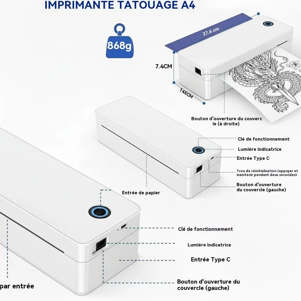 Imprimante de Transfert pour Tatouage A4, Machine Thermique avec 10 Feuilles et 1 Rouleau Papier Blanc