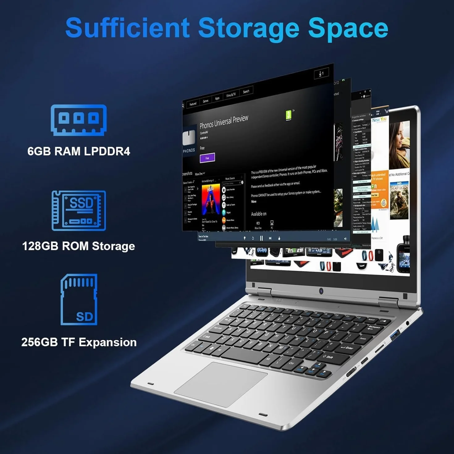 PINSTONE 11,6 Pouces Ordinateur Portable Celeron N4020 6 Go RAM 128 Go SSD Tactile Pliable 360° WiFi Bluetooth 4.2 Mini HDMI Argent