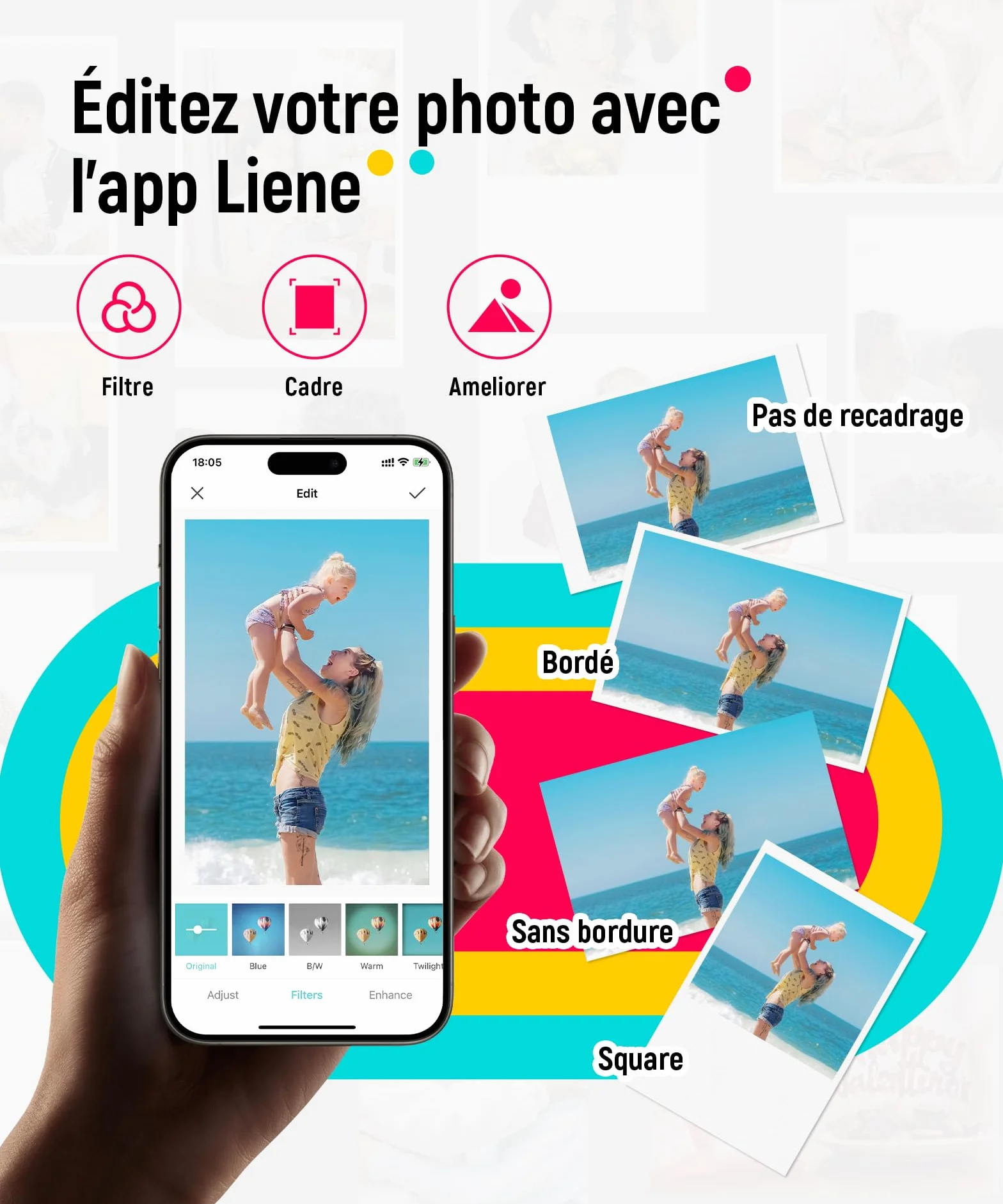 Liene Pearl K100 Mini Imprimante Photo Portable Bluetooth 5.0 50 Zink Papiers à Dos Collant Blanc