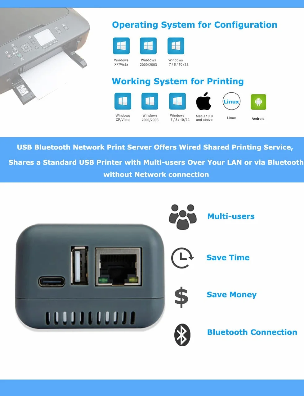 Adaptateur d'imprimante Bluetooth 1 Port Convertisseur USB en Réseau Bluetooth