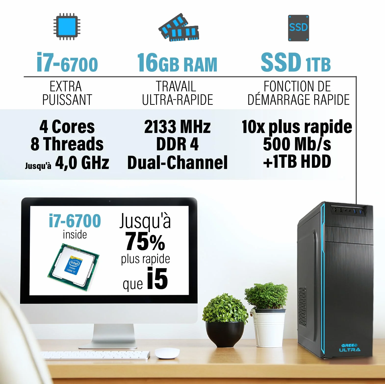 GREED Ultra PC Intel Core i7 4,0 GHz 16 Go RAM 1 To SSD + 1 To HDD Windows 11 Pro