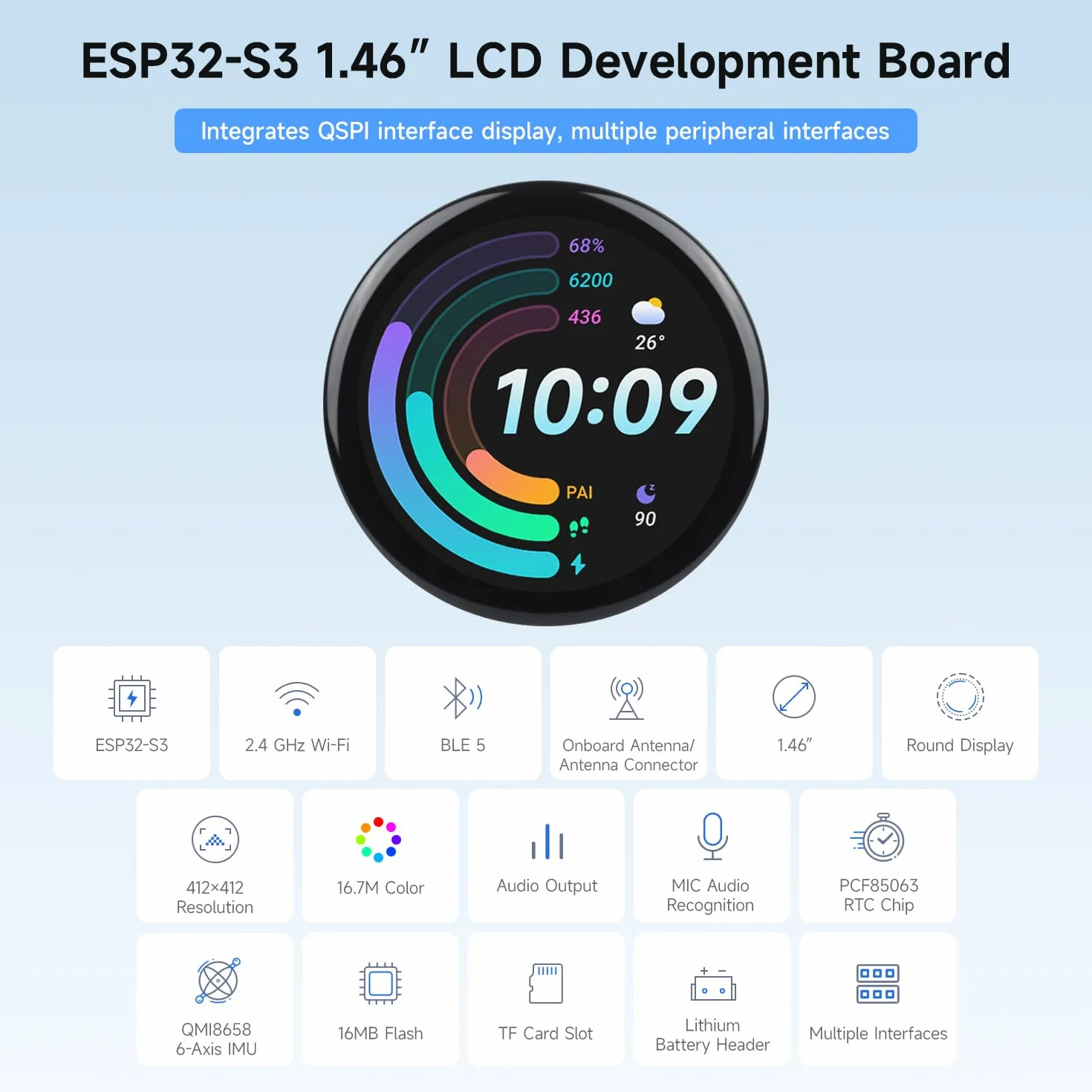 Waveshare ESP32-S3 1.46inch Round Display Development Board 412x412 Wi-Fi BLT Accelerometer Gyroscope Sensor