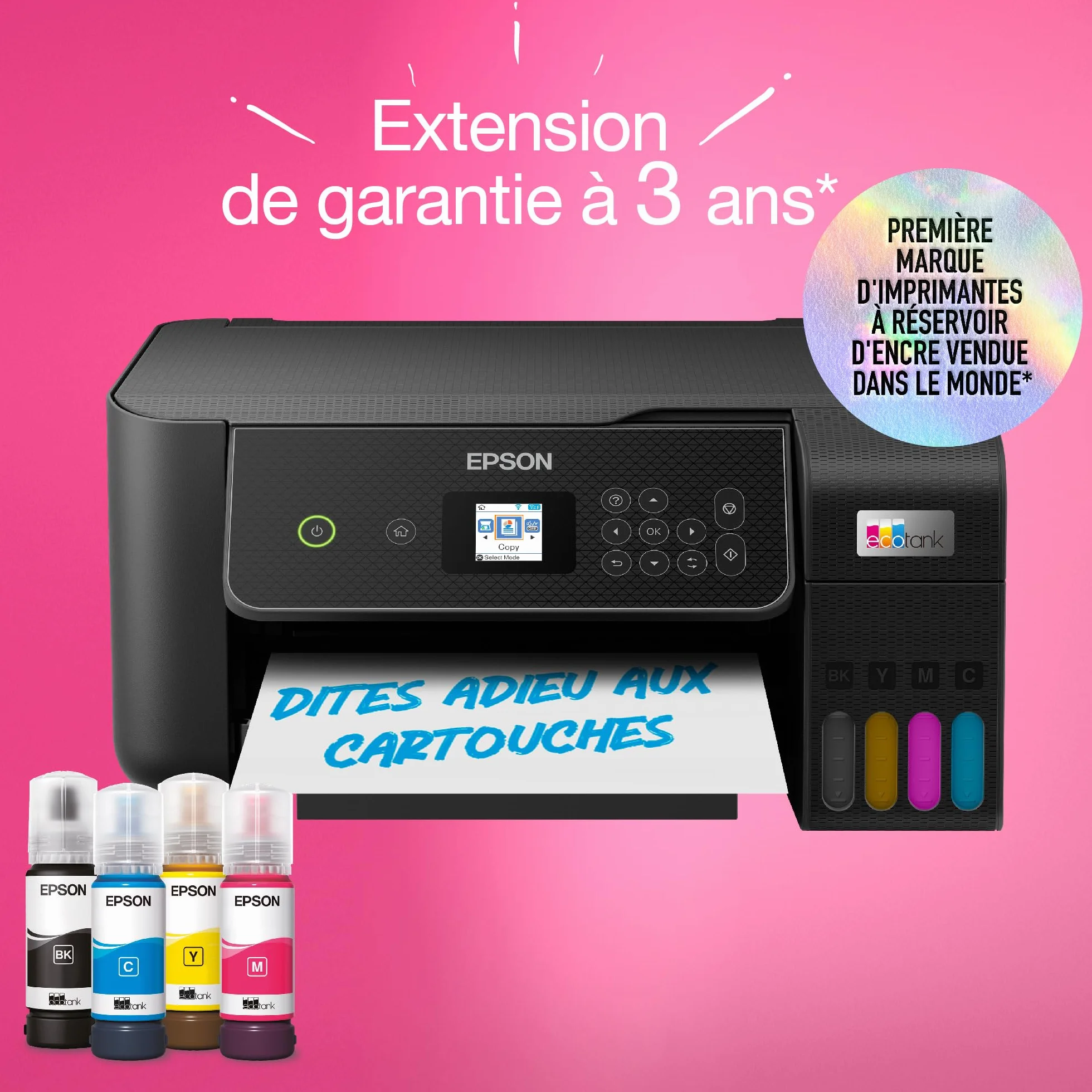 Epson EcoTank ET-2870 Imprimante Réservoirs Encre A4 Wi-Fi Imprimer Copier Numériser Écran LCD 3,7cm 3 Ans Encre Inclus