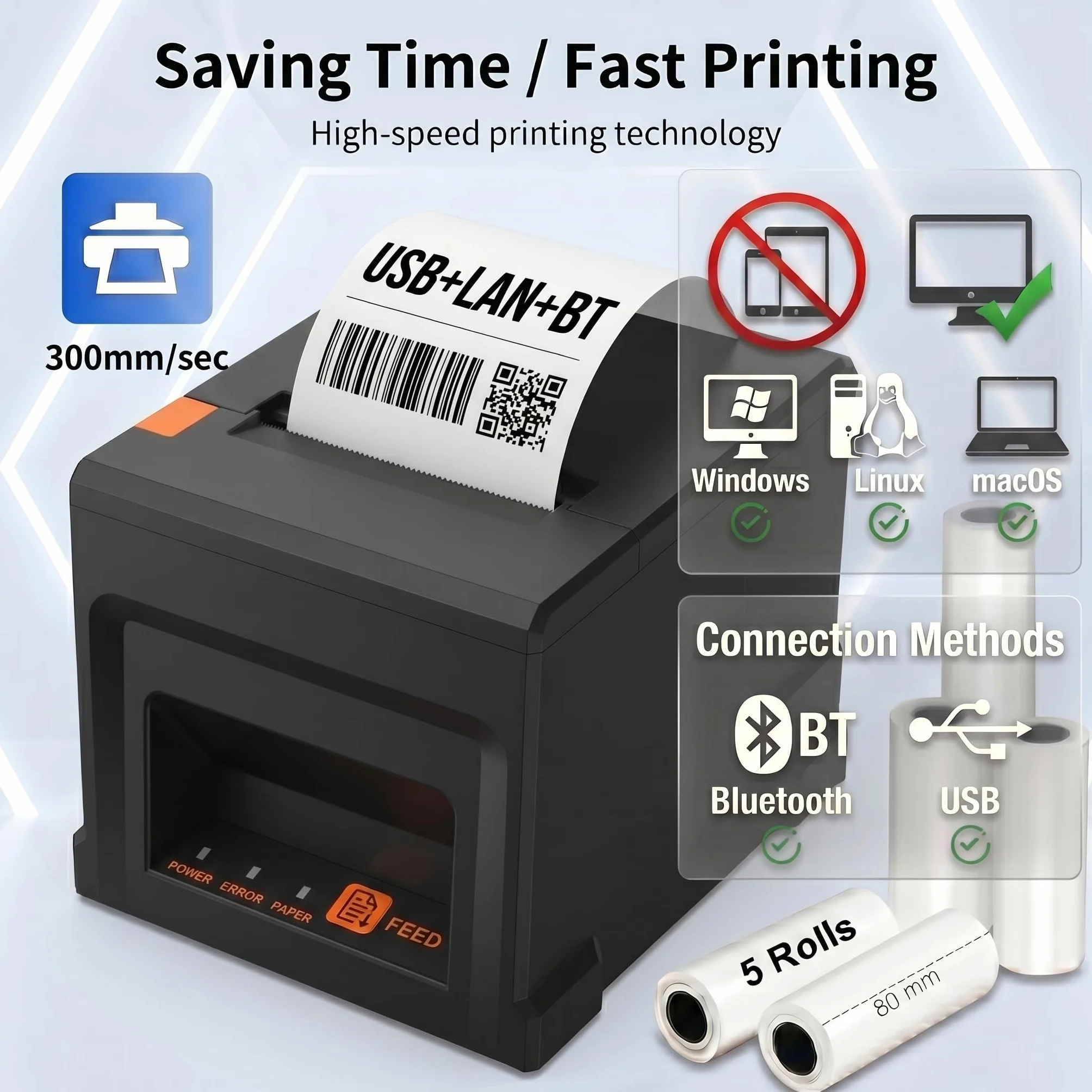 Imprimante POS Thermique 80mm avec Coupeur Automatique 300mm/s USB LAN Bluetooth