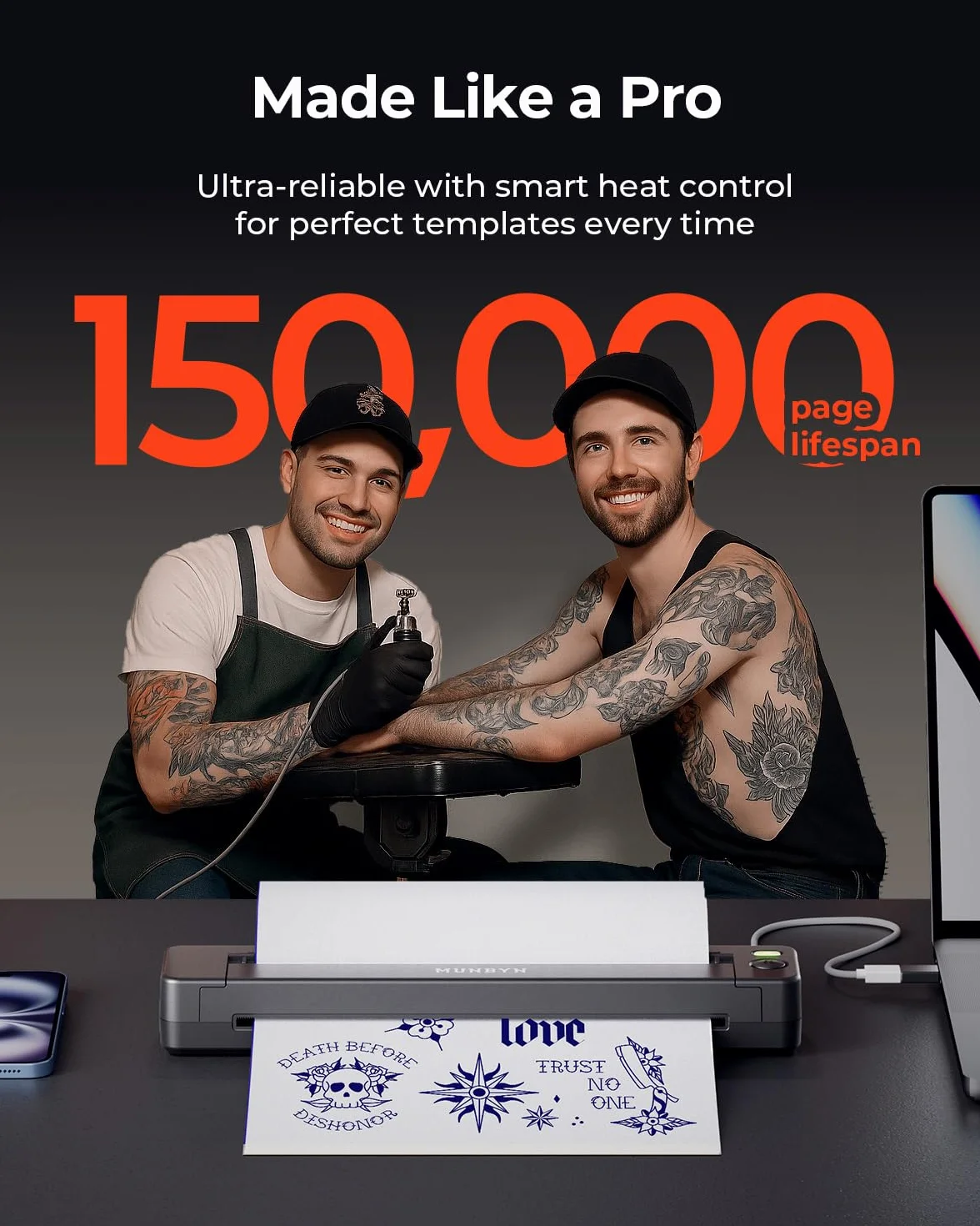 MUNBYN ITP06 300DPI Thermocopieur Tatouage Bluetooth Imprimante Transfert Stencil Noir