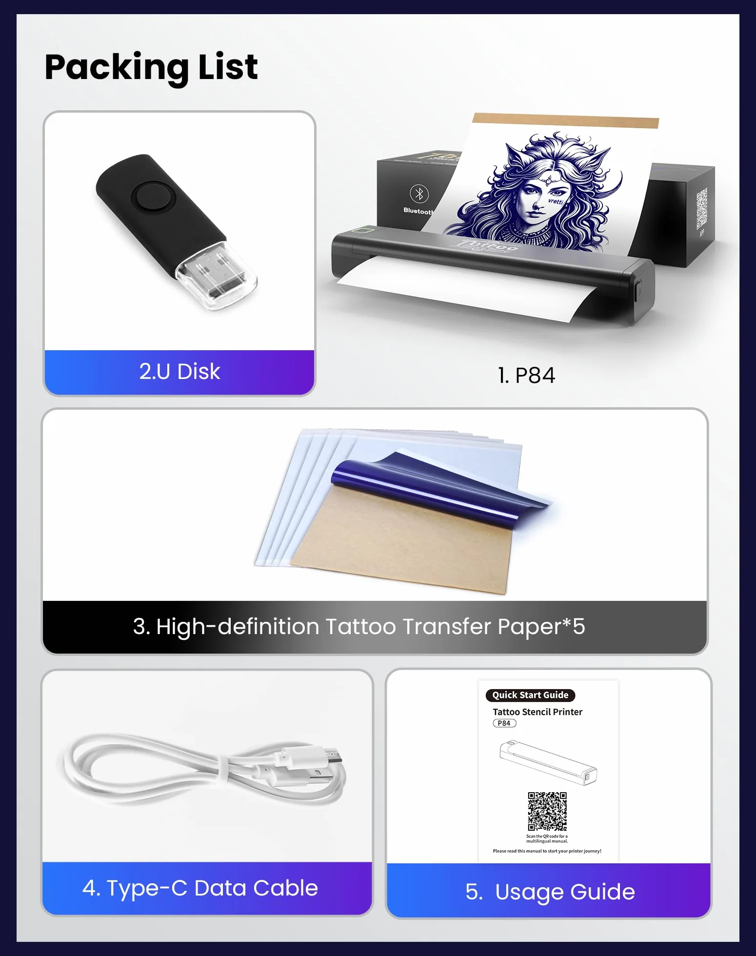 vretti Thermocopieur Tatouage Bluetooth P84, 5 Feuilles A4 Papier Transfert Imprimante, Machine Copieur iOS Android Mac