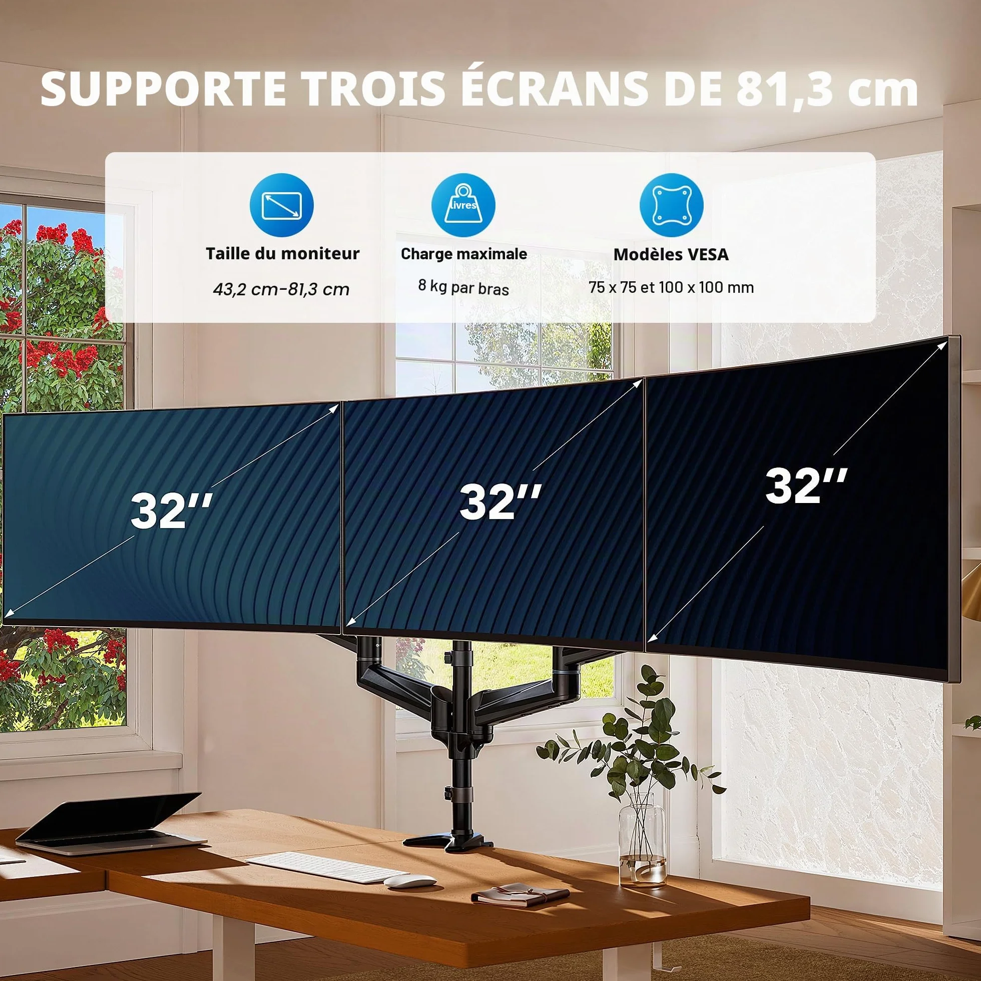 HUANUO Support d'écran PC 3 écrans 17-32 Pouces Inclinaison Pivot Montage Chaque Bras 8 kg Gaming