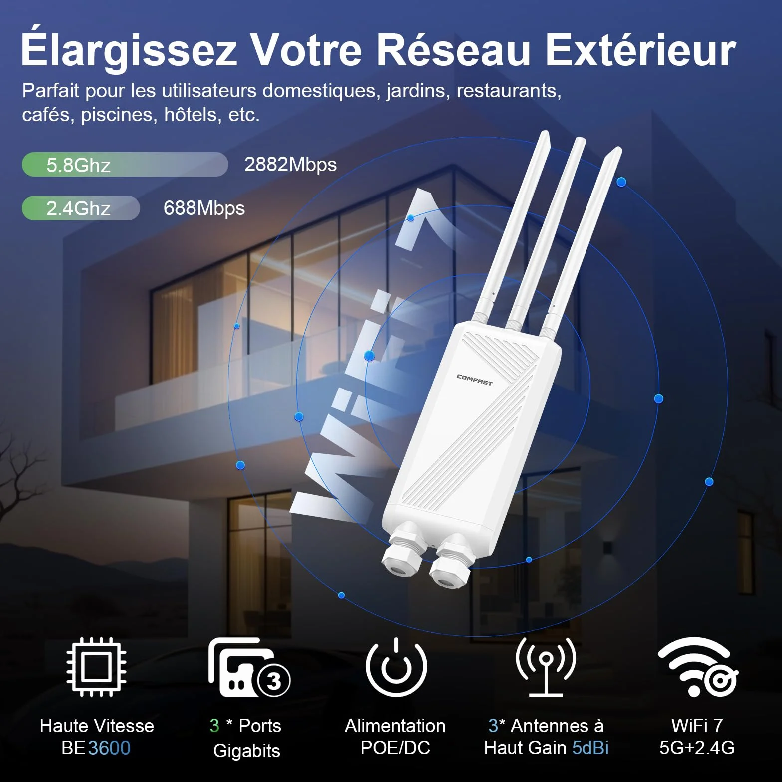 COMFAST Répéteur WiFi 7 Extérieur BE3600 Mbps, Point d'accès Double Bande 2.4G/5GHz, 3 Antenne, 3 Port Gigabit, 48V PoE/12V DC, IP66, MU-MIMO