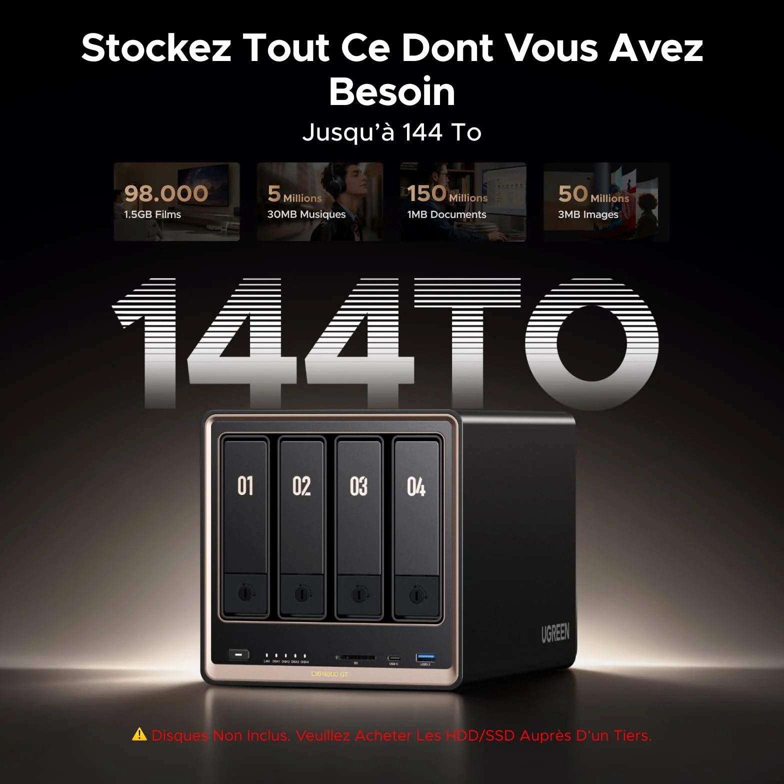 UGREEN NASync DXP4800 GT NAS 4 Baies Double LAN 10GbE AMD Ryzen R2514 8 Go RAM ECC M.2 NVMe HDMI 4K