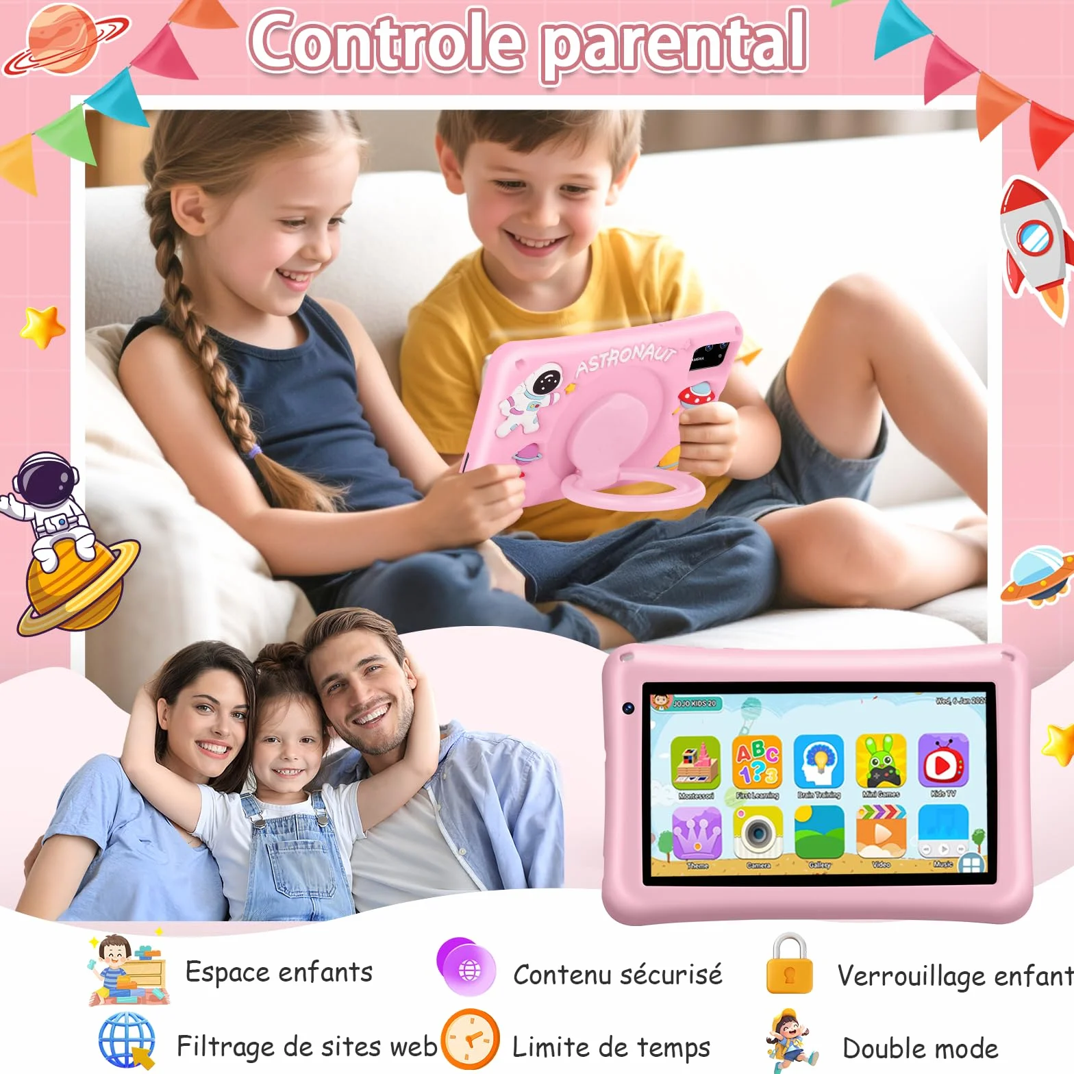 Tablette Enfant 7 Pouces Android 13 8Go RAM 64Go ROM Octa-Core 5800mAh Certifié Google Rose