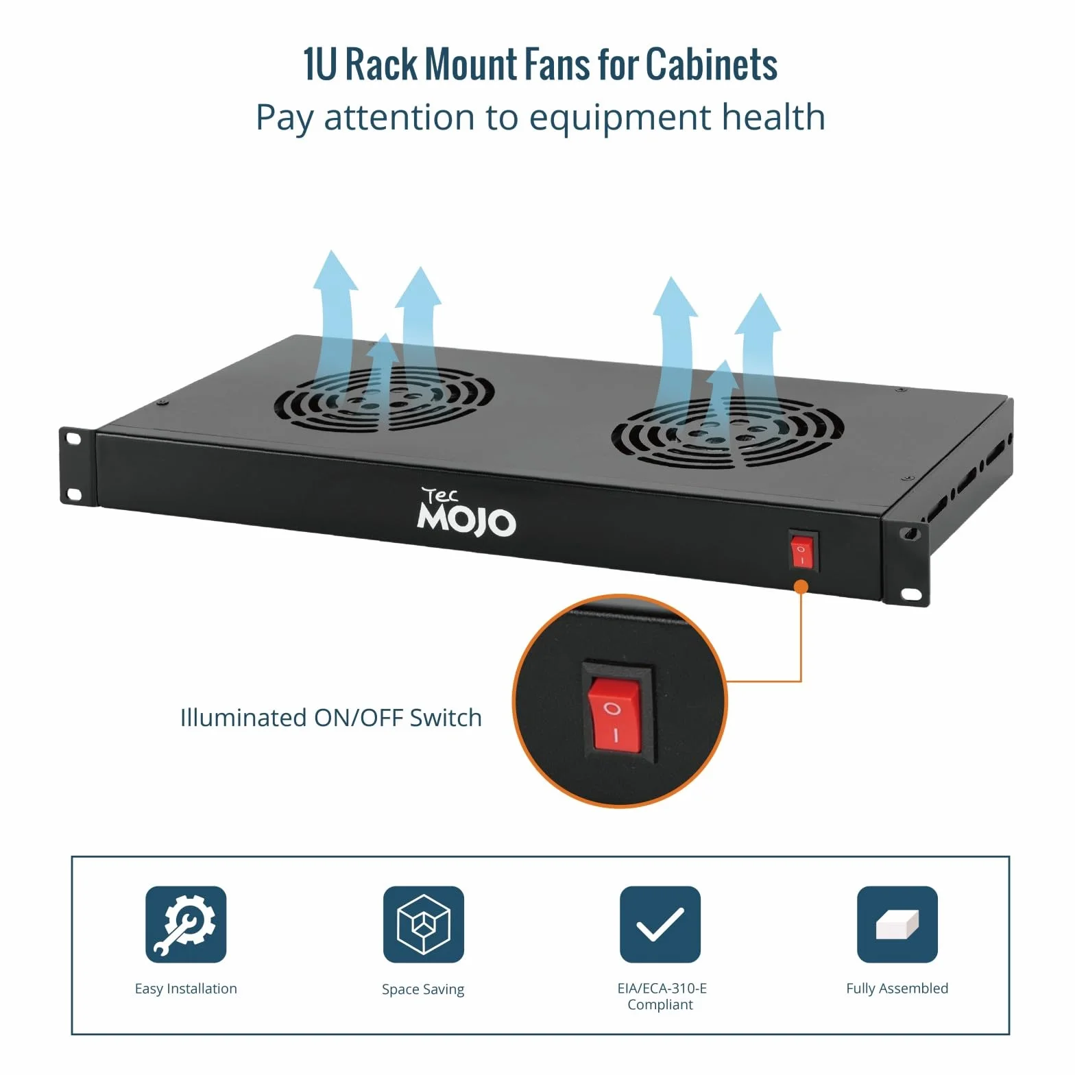 Tecmojo Module de Ventilation pour Rack 1U 19 Pouces 2 Ventilateurs Support Rail Réglable 190-331mm Câble 1,8m Noir