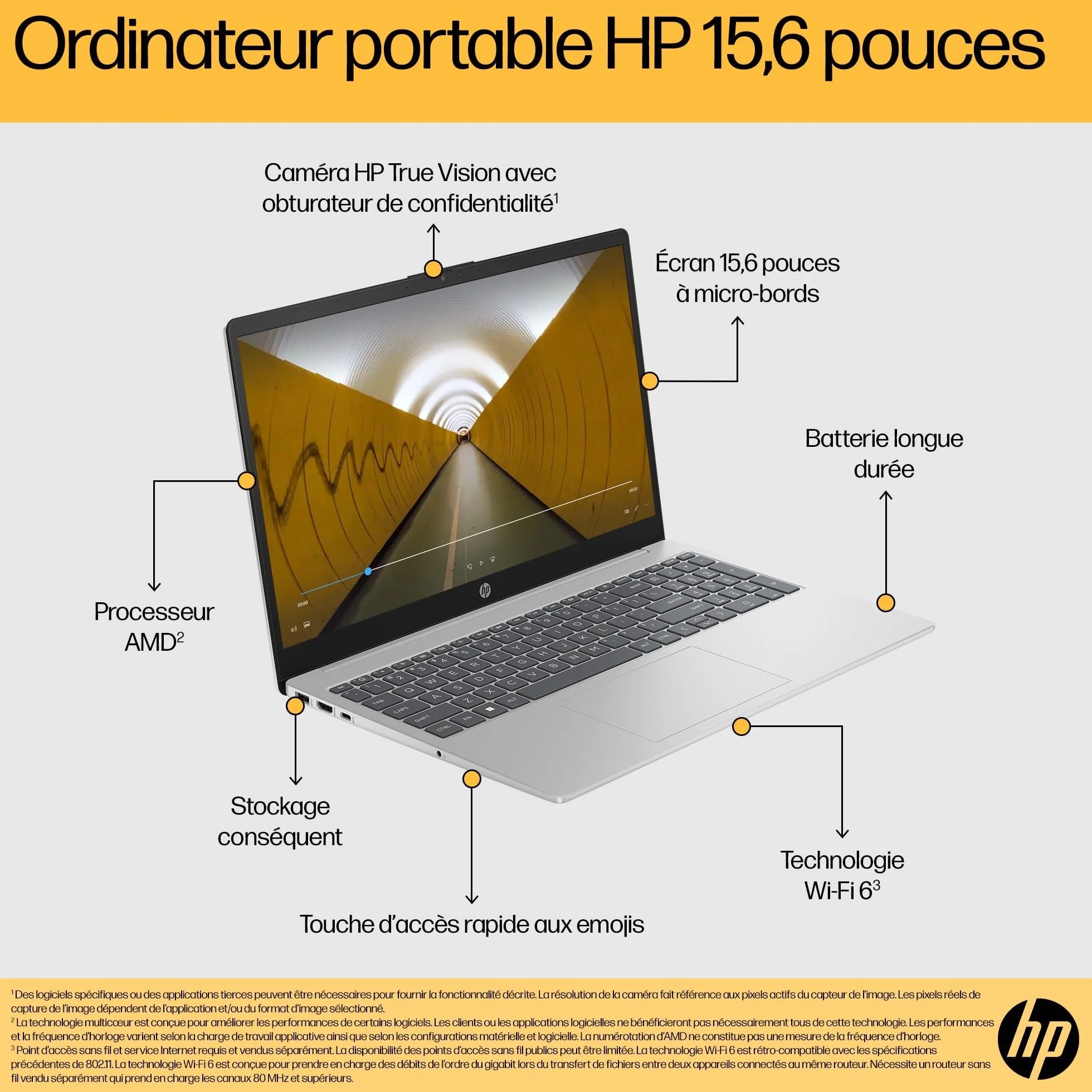 HP 15-fc0005sf Ordinateur Portable 15,6" FHD AMD Ryzen 5 7520U RAM 8 Go SSD 512 Go AMD Radeon Graphics Windows 11 Argent Clavier AZERTY
