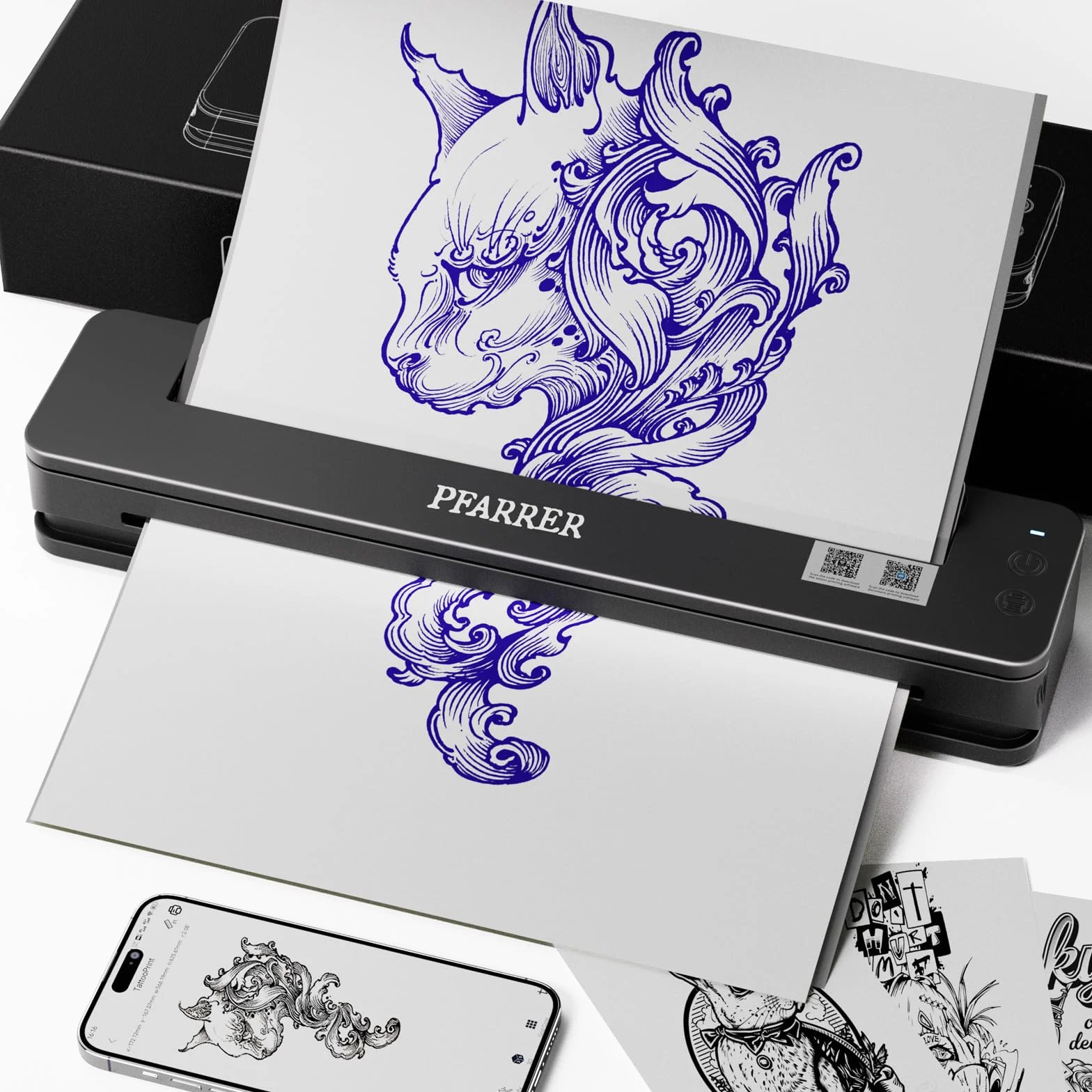 PFARRER Thermocopieur Tatouage Imprimante Thermique sans Fil Professionnelle T106P-EU avec 10 Feuilles Papier Transfert