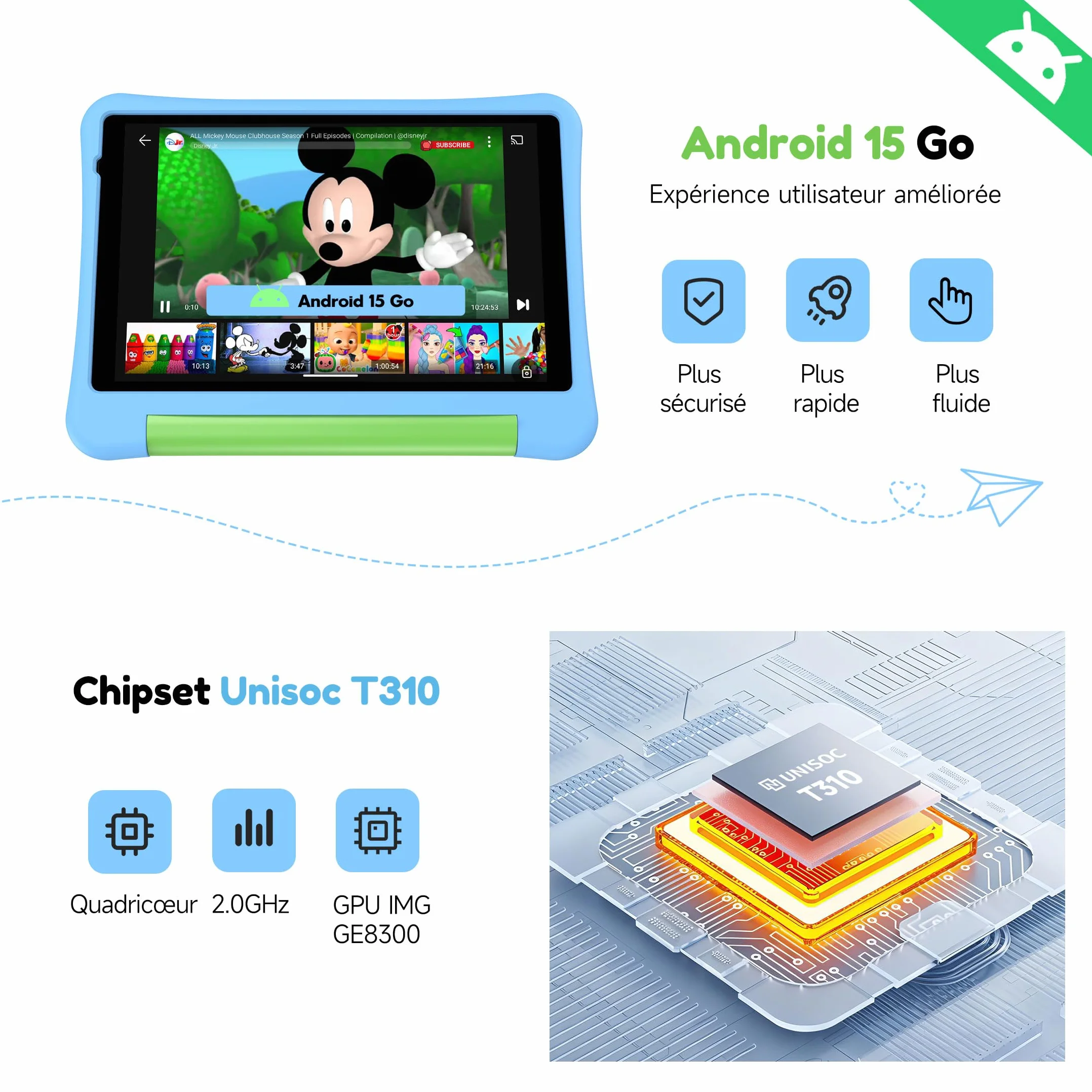 ALLDOCUBE Tablette Enfants 8 Pouces Android 15 Éducative T310 32Go ROM 5000mAh WiFi Coque Antichocs Bleu