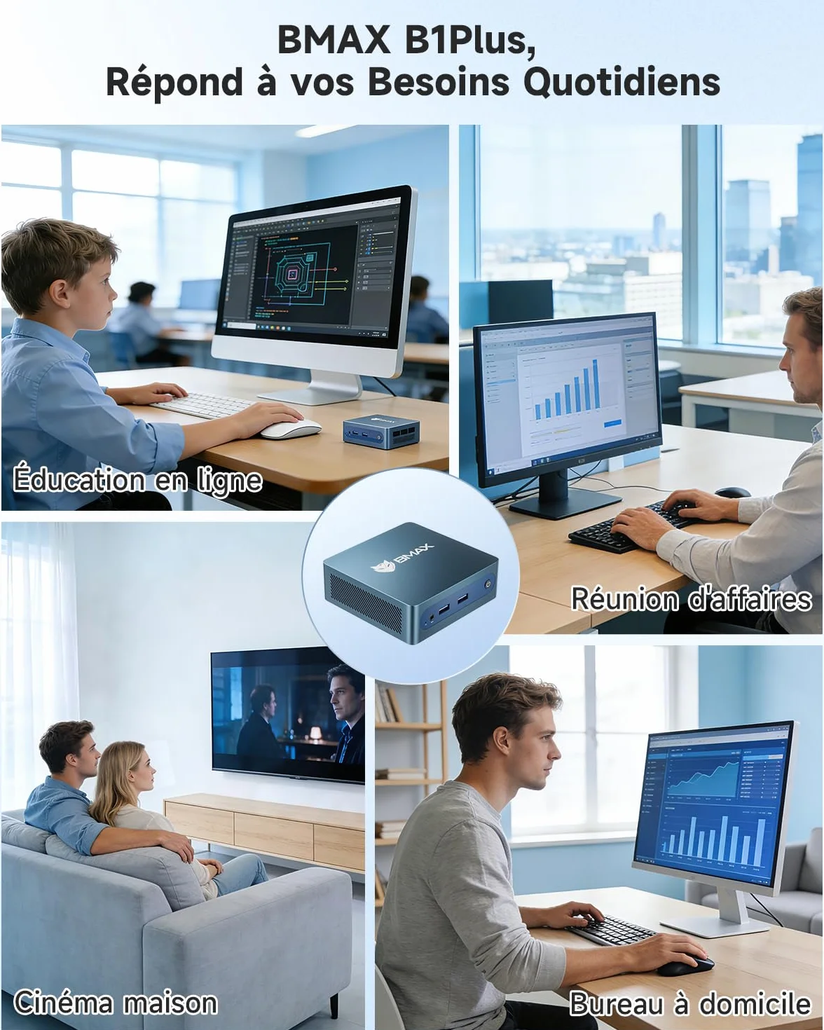 BMAX B1Plus Mini PC Win 11 Intel Celeron J3355 6 Go LPDDR3 RAM 128 Go eMMC SSD Ordinateur Bureau Double écran WiFi 5 BT5.0