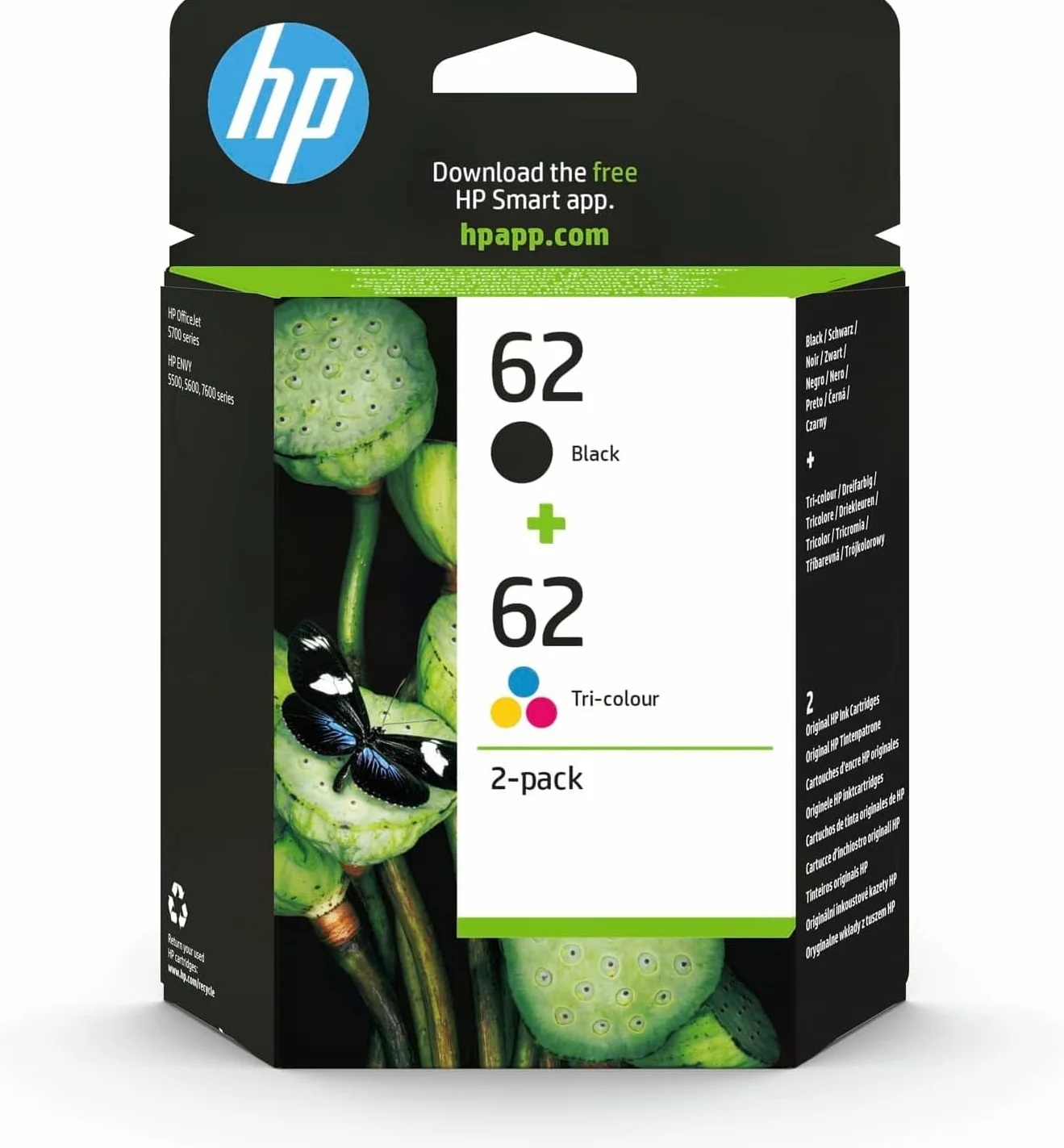 HP 62 Cartouches d'Encre Originales N9J71AE, Pack de 2, Noir, Cyan, Magenta, Jaune, Compatible Envy 5500/5600/7600, OfficeJet 200/250/5700