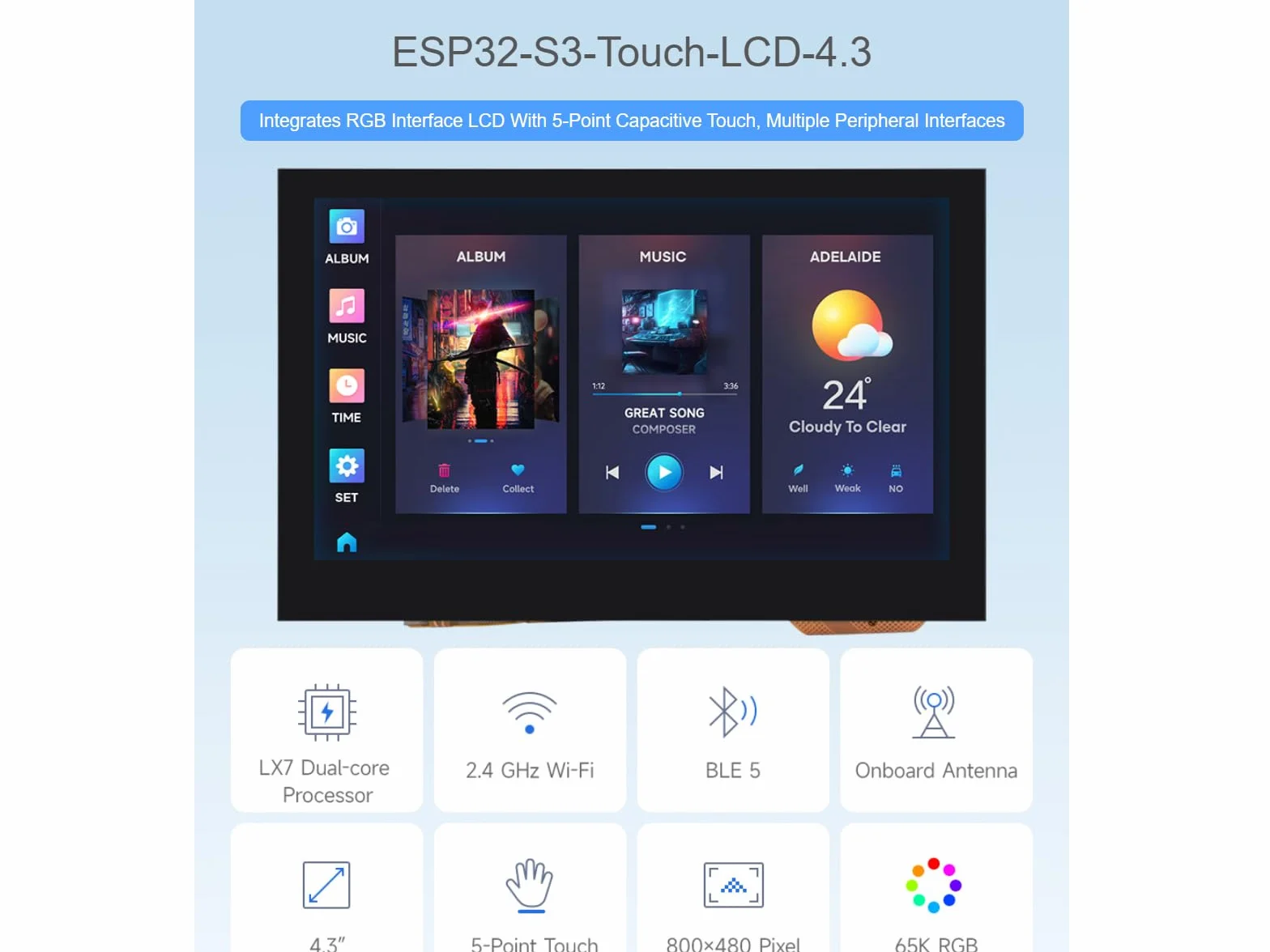 ESP32-S3 4.3inch Capacitive Touch Display Development Board 2.4GHz WiFi BLE 5 32-bit LX7 Dual-Core Processor