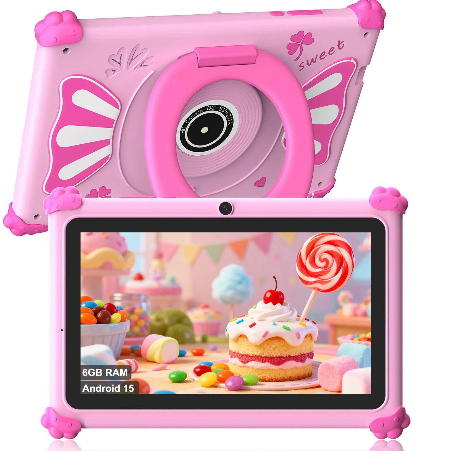 Tablette Enfants 7 Pouces Android 15 WiFi6 Penta Core 6Go RAM 32Go ROM Double Caméra 128Go Extension Rose
