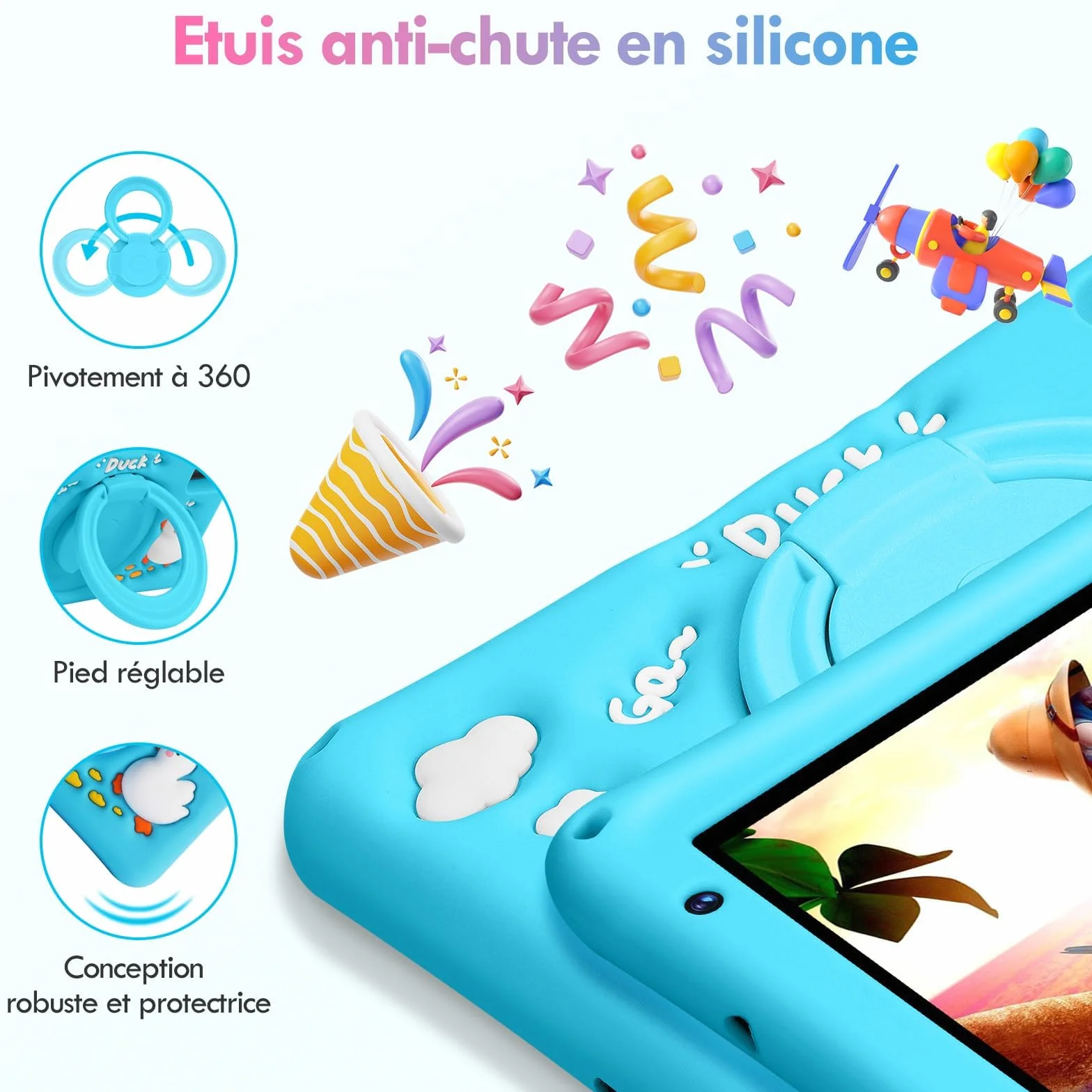 Tablette Enfants 7 Pouces Android 13 8Go RAM 64Go ROM Octa-Core Caméra HD Contrôle Parental Housse Silicone Bleu