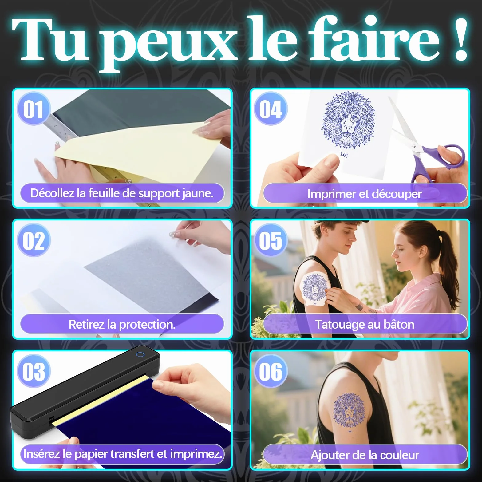 Joyzan Imprimante Pochoir Tatouage Bluetooth sans Fil, Thermocopieur Portable sans Encre 20pcs Transfert Papier