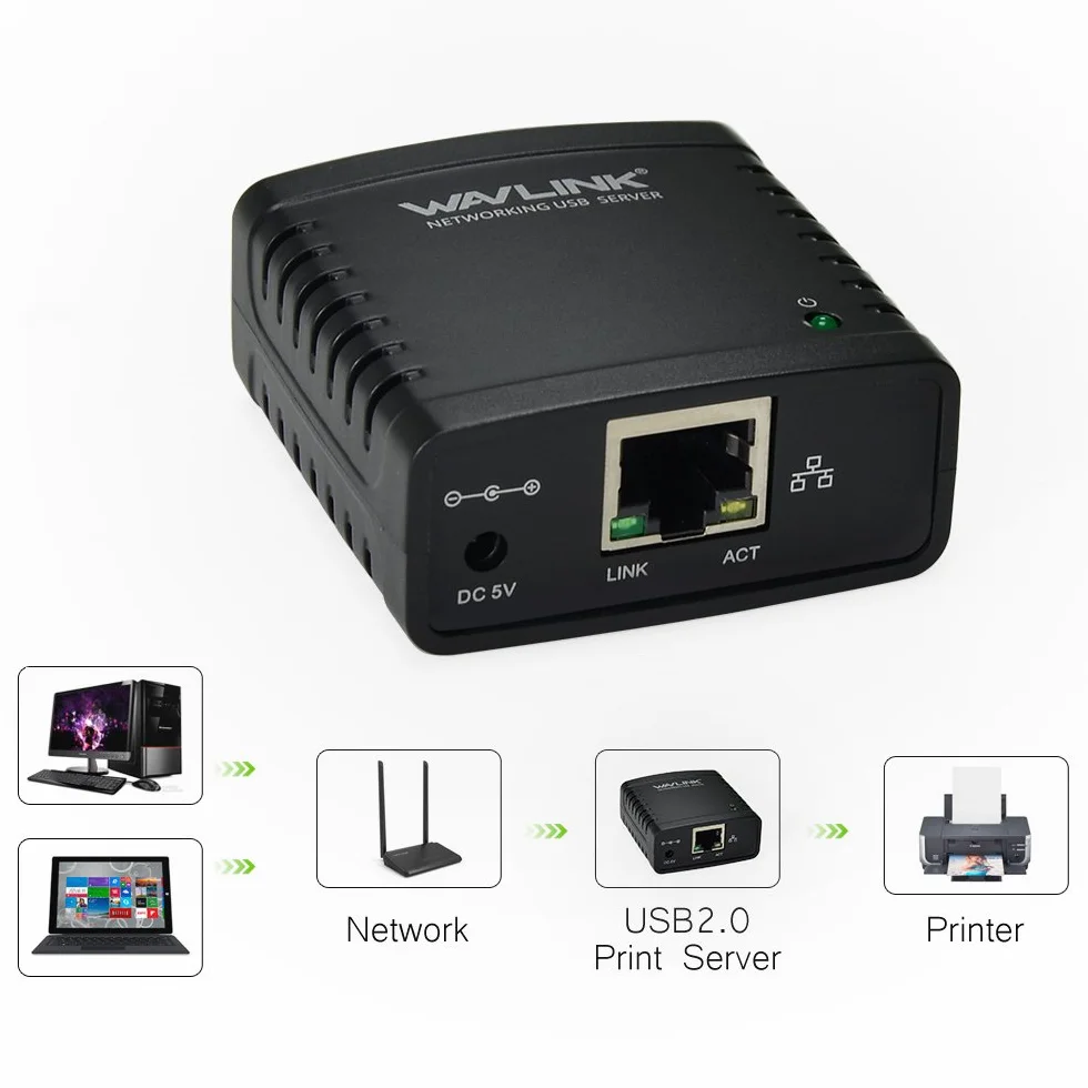 WAVLINK Serveur d'impression 10/100Mbps Ethernet vers USB 2.0 pour Windows