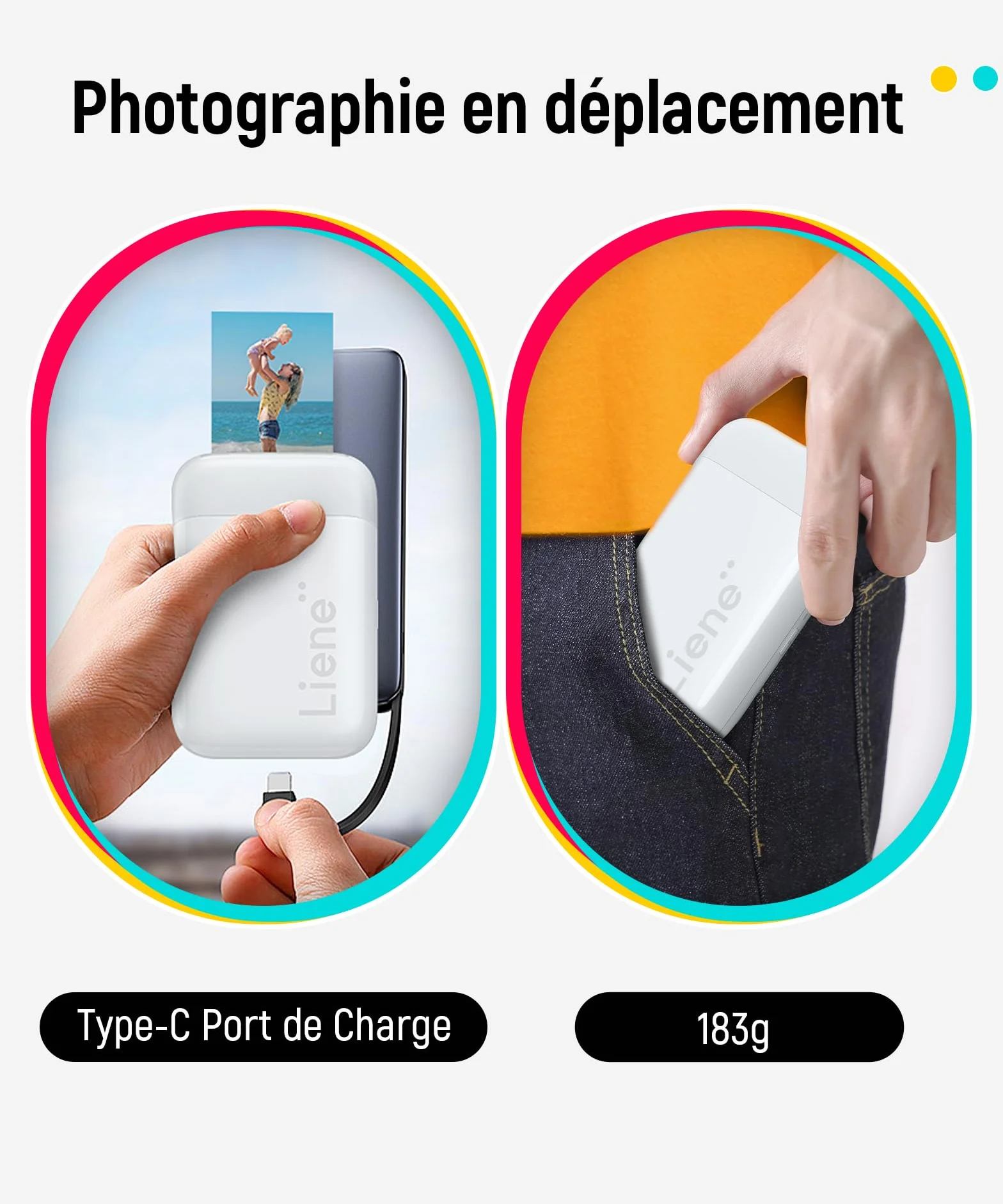 Liene Pearl K100 Mini Imprimante Photo Portable Bluetooth 5.0 50 Zink Papiers à Dos Collant Blanc
